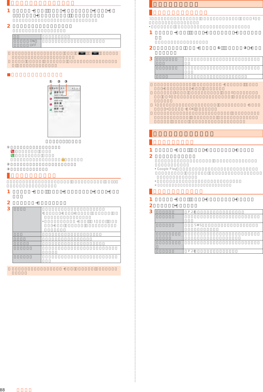 88 端末設定伝言メモ／音声メモを再生する󱈠 ホーム画面→「設定」の［設定］→［すべてを見る］→［通話］→［音声・伝言メモ］→［伝言メモリスト］／［音声メモリスト］伝言メモリスト画面／音声メモリスト画面が表示されます。󱈢 再生する伝言メモ／音声メモを選択伝言メモ／音声メモが再生されます。停止 再生を停止します。スピーカーON／スピーカーOFF スピーカー／受話口で聞くことができます。 ◎ 伝言メモ／音声メモが複数ある場合、再生中に「 」／「 」をタップすると他の伝言メモ／音声メモを再生できます。 ◎ 再生画面で「メニュー」をタップすると、伝言メモ／音声メモの保護／保護解除、削除を行うことができます。 ■伝言メモリスト画面の見かた《伝言メモリスト画面》①②③① 伝言メモの再生状態を示すアイコン ：未再生の伝言メモ（赤色） ：再生済みの伝言メモ（緑色）  保護された伝言メモのアイコンには が付きます。② 相手の方の名前／電話番号／非通知設定の着信③ 伝言メモが録音された日時着信拒否の設定をする自動的に着信を拒否する条件を設定できます。着信を拒否した場合は、着信音・バイブレータの鳴動は行われません。󱈠 ホーム画面→「設定」の［設定］→［すべてを見る］→［通話］→［着信拒否］󱈢 ロックを解除→［着信拒否設定］󱈤 指定番号 指定した電話番号からの着信を拒否します。 ［メニュー］→［編集］→［新規登録］と操作すると、着信を拒否する番号を登録できます。 登録済みの項目を選択→［変更］／［1件削除］／［全件削除］→［はい］と操作すると、登録した内容を変更／削除できます。非通知 電話番号を通知しない着信を拒否します。公衆電話 公衆電話からの着信を拒否します。通知不可能 電話番号を通知できない着信を拒否します。電話帳登録外 電話帳に登録されている電話番号以外からの着信を拒否します。着信履歴保存 拒否した着信を着信履歴に保存するかどうかを設定します。 ◎ 拒否メッセージの項目を長くタッチ→［再生］と操作すると、メッセージを再生します。あんしん設定を行うおはようメールを設定する1日の最初に本製品を使用したとき、あらかじめ登録した相手に、自動的にEメールでお知らせすることができます。 登録する相手は、クイックボタンや電話帳に登録しておくと便利です。󱈠 ホーム画面→「設定」の［設定］→［あんしん設定］→［おはようメール］おはようメール画面が表示されます。󱈢 「おはようメール」を選択→［送信相手①］／［送信相手②］→［宛先を登録する］󱈤 クイックボタン ①∼③ クイックボタンに登録された相手の宛先が登録されます。電話帳から選ぶ 電話帳に登録されている相手／宛先を選択して登録します。直接入力 メールアドレスを直接入力して登録します。 ◎ 送信相手を解除する場合は、おはようメール画面→［送信相手①］／［送信相手②］→［登録を解除する］→［はい］と操作します。 ◎ お買い上げ時、1日の最初（さかい目となる時刻）は午前0時に設定されています。午前0時以降ではじめて本製品を操作したときに、おはようメールが送信されます。 ◎ 1日のさかい目となる時刻を変更する場合は、おはようメール画面→［リセット時刻］→時刻を入力→［OK］と操作します。 ◎ 送信相手をクイックボタンや電話帳から登録したとき、クイックボタンや電話帳の情報を変更したり、削除したりしても、送信相手の登録内容には反映されません。このときは、送信相手の登録をやり直してください。アプリに関する設定をするアプリの設定をする󱈠 ホーム画面→「設定」の［設定］→［すべてを見る］→［アプリ］󱈢 アプリケーションを選択アプリケーションの詳細画面が表示され、アプリケーションのアンインストールなどができます。 Google Playなどからインストールしたアプリケーションを選択すると「アンインストール」が表示されます。アンインストールを実行するとアプリケーションは削除されます。 アプリケーションによっては削除できないものもあります。※ 表示される項目はアプリケーションによって異なります。アプリの詳細設定をする󱈠 ホーム画面→「設定」の［設定］→［すべてを見る］→［アプリ］󱈢 ［メニュー］→［詳細設定］󱈤アプリの権限 ▶P. 28「利用する機能について設定する」アプリリンク 他のアプリケーションなどからの連携について設定します。既定のアプリ 電話やSMSなどを行う際に使用するアプリケーションについて設定します。他のアプリの上に重ねて表示 使用中の他のアプリケーションの上に重ねて表示することを許可するかどうかを設定します。システム設定の変更端末の設定を変更することを許可するか設定します。電池の最適化 ▶P. 28「電池の最適化の設定をする」