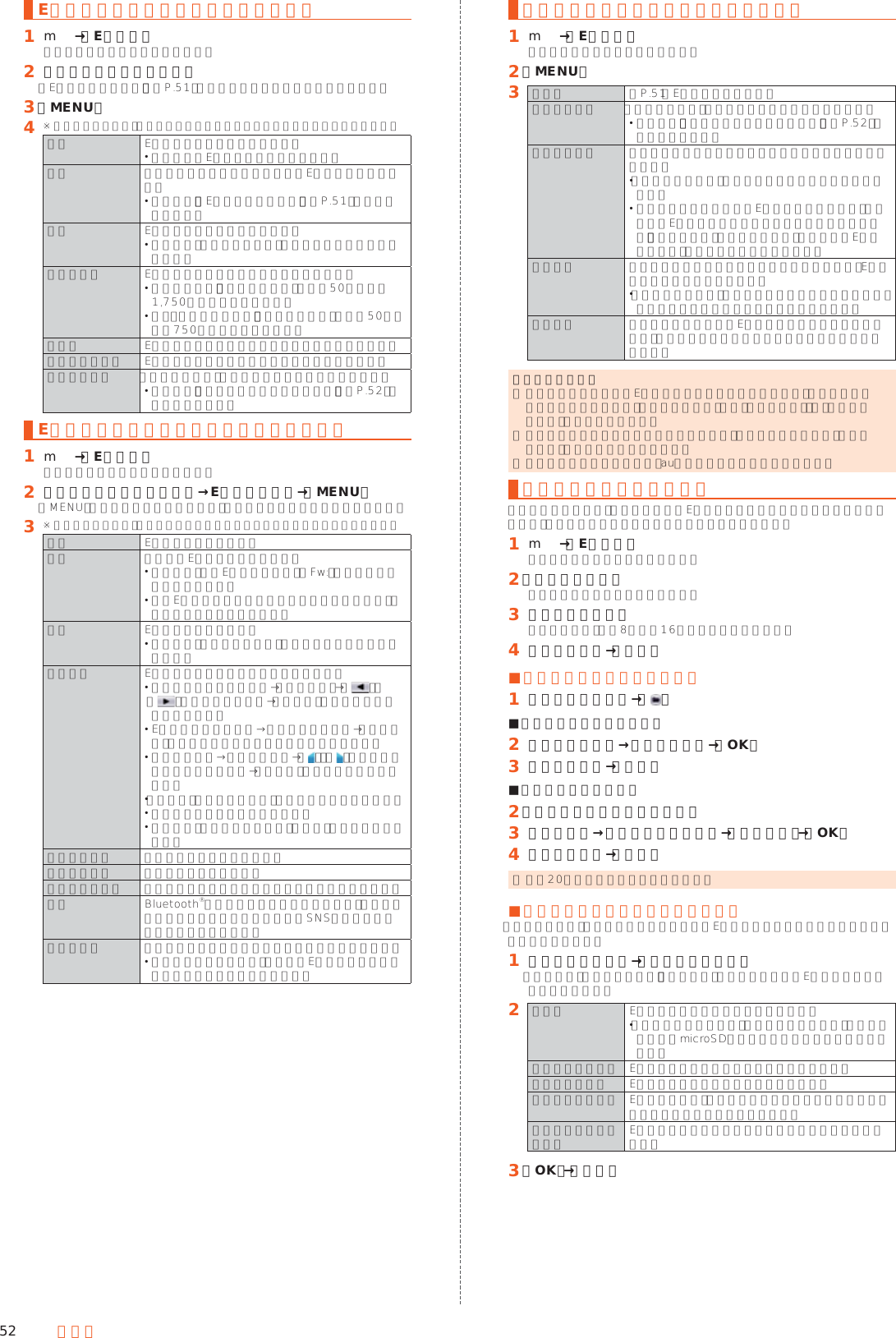 52 メールEメール一覧画面のメニューを利用する󱈠 m→［Eメール］フォルダ一覧画面が表示されます。󱈢 ボックス／フォルダを選択「Eメールを検索する」（▶P. 51）の検索結果一覧画面でも操作できます。󱈤 ［MENU］󱈦 ※ メニューの項目は、ご利用になる機能や条件などにより異なる場合があります。削除 Eメールを選択して削除します。 保護されたEメールは選択できません。検索 表示中のボックス／フォルダ内のEメールを検索します。 詳しくは、「Eメールを検索する」（▶P. 51）をご参照ください。移動 Eメールを選択して移動します。 あらかじめ「フォルダ作成」でフォルダを作成してください。保護／解除 Eメールを選択して保護／保護解除します。 受信メールは、「受信ボックス」容量の50％または1,750件まで保護できます。 送信・未送信メールは、「送信ボックス」容量の50％または750件まで保護できます。フラグ Eメールを選択してフラグ付加／フラグ解除します。迷惑メール報告 Eメールを選択して迷惑メールとして報告します。フォルダ編集 「受信ボックス」や作成したフォルダを編集します。 詳しくは、「フォルダを作成／編集する」（▶P. 52）をご参照ください。Eメール詳細表示画面のメニューを利用する󱈠 m→［Eメール］フォルダ一覧画面が表示されます。󱈢 ボックス／フォルダを選択→Eメールを選択→［MENU］「MENU」が表示されていない場合は、本文入力欄をタップして表示します。󱈤 ※ メニューの項目は、ご利用になる機能や条件などにより異なる場合があります。削除 Eメールを削除します。転送 転送するEメールを作成します。 件名には、元のEメールの件名に「Fw:」を付けた件名が入力されます。 元のEメールが添付データを受信している場合は、転送メールにも添付されます。移動 Eメールを移動します。 あらかじめ「フォルダ作成」でフォルダを作成してください。本文選択 Eメールの本文を選択してコピーします。 文字列の開始位置を選択→［選択開始］→［ ］／［］で選択範囲を指定→［コピー］と操作するとコピーできます。 Eメール詳細表示画面→本文を長くタッチ→［本文選択］と操作しても本文選択画面を表示できます。 本文選択画面→ダブルタップ→「 」／「 」をドラッグして選択範囲を指定→［コピー］でも同様に操作できます。 「全選択」をタップすると、本文全体を選択できます。 絵文字や画像もコピーできます。 一部の装飾（文字位置／効果、背景色）はコピーされません。送信予約情報 送信予約日時を確認します。送信予約解除 送信予約を解除します。迷惑メール報告 表示しているメールを迷惑メールとして報告します。共有 Bluetooth®やメール添付などで送信したり、インターネット上のデータ共有サービスやSNSなどにアップロードしたりできます。文字コード 本文を表示する文字コードを一時的に切り替えます。 変更した文字コードは、表示中のEメール詳細表示画面でのみ一時的に適用されます。フォルダ一覧画面のメニューを利用する󱈠 m→［Eメール］フォルダ一覧画面が表示されます。󱈢 ［MENU］󱈤 全検索 ▶P. 51「Eメールを検索する」フォルダ編集 「受信ボックス」や作成したフォルダを編集します。 詳しくは、「フォルダを作成／編集する」（▶P. 52）をご参照ください。フォルダ削除 選択したフォルダとフォルダ内のメールをすべて削除します。 「フォルダロック」を設定したフォルダは選択できません。 フォルダ内に保護されたEメールがある場合は、保護されたEメールの削除を確認する画面が表示されます。「削除しない」をタップすると、保護されたEメールが残り、フォルダは削除されません。再振分け 現在設定されているフォルダの振り分け条件で、Eメールの再振り分けを行います。 「フォルダロック」を設定したフォルダがある場合は、フォルダロック解除パスワードを入力します。同期設定 タブレットに本製品のEメールアカウントを設定した後で、本製品とタブレットを同期するための設定を行います。同期設定について ◎ タブレットに本製品のEメールアカウントを設定した場合、本製品とタブレットを同期するため、メールの保存先が「端末（ローカル）」から「メールサーバ」に変更となります。 ◎ 同期設定前に送受信したメールがある場合、該当のメールはすべて「過去メール」ボックスに保存されます。 ◎ その他の変更点については、auホームページをご参照ください。フォルダを作成／編集するフォルダを作成して、フォルダごとにEメールの振り分け条件や着信通知を設定したり、フォルダにロックをかけたりすることができます。󱈠 m→［Eメール］フォルダ一覧画面が表示されます。󱈢 ［フォルダ作成］フォルダ編集画面が表示されます。󱈤 フォルダ名を入力フォルダ名は、全角8／半角16文字まで入力できます。󱈦 各項目を設定→［保存］ ■フォルダアイコンを変更する󱈠 フォルダ編集画面→［ ］ ■アイコンから設定する場合󱈢 アイコンを選択→カラーを選択→［OK］󱈤 各項目を設定→［保存］ ■画像から設定する場合󱈢 ［ギャラリーから写真を選択］󱈤 画像を選択→切り抜き範囲を指定→［切り抜き］→［OK］󱈦 各項目を設定→［保存］ ◎ 最大20個のフォルダを作成できます。 ■フォルダごとに着信通知を設定する「受信ボックス」や作成したフォルダごとにEメール受信時の着信音やバイブレータを設定できます。󱈠 フォルダ編集画面→［フォルダ別設定］「標準設定」をタップすると、「通知設定」で設定した内容でEメールの受信をお知らせします。󱈢 着信音 Eメール受信時の着信音を設定します。 「ストレージから探す」をタップした場合は、本体メモリまたはmicroSDメモリカードから着信音を設定します。バイブレーション Eメール受信時のバイブレータを設定します。着信音鳴動時間 Eメール着信音の鳴動時間を設定します。通知ポップアップ Eメール受信時、ロック画面に新着メールをポップアップ表示するかどうかを設定します。メール受信時の画面点灯 Eメール受信時に画面を点灯させるかどうかを設定します。󱈤 ［OK］→［保存］