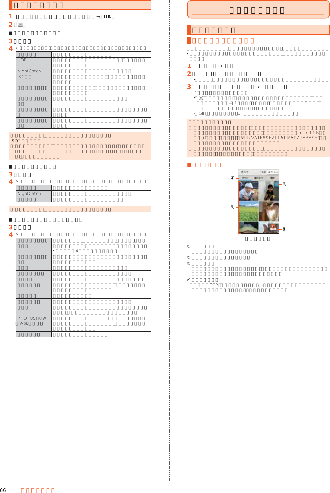 66 マルチメディアカメラを設定する󱈠 カメラスライドカバーを下にスライド→［OK］󱈢 ［ ］ ■静止画撮影の設定をする󱈤 ［写真］󱈦※ メニューの項目は、ご利用になる機能や条件などにより異なる場合があります。写真サイズ 静止画のサイズを切り替えます。HDR 逆光などコントラストが強いシーンで、白とびを軽減して撮影するか設定します。NightCatch 暗いシーンを明るく撮影するか設定します。ISO感度 撮影場所の明るさに合わせて、光を取り込む感度を設定します。シャッターモード 被写体が笑ったときや、振り向いたときに自動で撮影するか設定します。ワンタッチシャッター 画面をタップして撮影するか設定します。インカメラ美肌調整インカメラ利用時に美肌調整を行う効果レベルを設定します。インカメラレンズ補正 インカメラ利用時にレンズ補正を行うかどうかを設定します。 ◎ 機能によっては、同時に設定できない場合があります。ISO感度について ◎ 高感度に設定すると、シャッタースピードが速くなるため、被写体ぶれや手ぶれが軽減されたり、暗い場所にある被写体でも明るく撮影できたりしますが、画質は粗くなります。 ■動画撮影の設定をする󱈤 ［動画］󱈦※ メニューの項目は、ご利用になる機能や条件などにより異なる場合があります。動画サイズ 動画のサイズを切り替えます。NightCatch 暗いシーンを明るく撮影するか設定します。マイク設定 音声を録音するかどうかを設定します。 ◎ 機能によっては、同時に設定できない場合があります。 ■静止画／動画撮影共通の設定をする󱈤 ［共通］󱈦 ※ メニューの項目は、ご利用になる機能や条件などにより異なる場合があります。フルマニュアル項目選択 おすすめプラスの「フルマニュアル」利用時に、設定アイコン表示エリアに表示するアイコンを選択します。 アイコンは4個まで表示できます。白とび／黒つぶれ表示 白とびや黒つぶれが起こる部分にしま模様を表示するかどうかを設定します。水準器 水準器を表示するかどうかを設定します。フォーカス設定 被写体に合わせてフォーカスを設定します。タイマー タイマーをセットし自動で撮影するか設定します。ちらつき防止 蛍光灯のある場所で撮影するとき、画面にしま模様が出にくくなるように設定します。保存先設定 保存先を設定します。位置情報付加 位置情報を付加するかどうかを設定します。ヘルプ 撮影画面に表示されるアイコンの機能やタッチパネルの操作、機能の使いかたについて確認できます。PHOTOSHOW（Webページ） シャープのサイトに接続し、シャープ製スマートフォンを使って撮影された写真を例に、カメラの機能や撮影方法を確認できます。設定リセット カメラの設定を初期化します。データを利用する写真を利用するデータを表示／再生するデータをイベントごと、場所ごとに振り分けて整理し、利用することができます。 画像を表示する際はディテールの向上処理が行われ、画像がより精細に表示されます。󱈠 ホーム画面→［写真］󱈢 ［すべて］／［振り分け］／［場所］ 「すべて」を選択した場合は、このあと表示／再生するデータを選択します。󱈤 フォルダ／イベントをタップ→データを選択1件表示画面が表示されます。 「」をタップすると、アプリケーション選択画面が表示されます。アプリケーションを選択→［1回のみ］と操作し、データを再生します。「常時」をタップすると、次回から同じアプリケーションが起動します。 「GIF」をタップすると、GIFアニメーションを再生します。ファイル表示時のご注意 ◎ ファイルが表示されない場合は、写真のデータベースファイルを削除することで正常に動作する可能性があります。本製品とパソコンをmicroUSBケーブル01（別売）で接続して「¥PRIVATE¥SHARP¥PM¥DATABASE」内のファイルをすべて削除してからご使用ください。 ◎ データベースファイルを削除した場合、作成されたイベントなどの情報も削除されます。十分にご確認のうえ、操作してください。 ■画面の見かた《写真画面》①③④②① 表示選択タブ  表示形式を変更することができます。② データ／フォルダ／イベント一覧③ スクローラー  画面をスクロールすると表示されます。表示されたスクローラーを上下にスライドして画面をスクロールさせることができます。④ データお預かり  「サービスTOP」アプリを起動したり、auスマートパスのサーバー上のアルバムを表示して写真や動画を閲覧・整理したりできます。