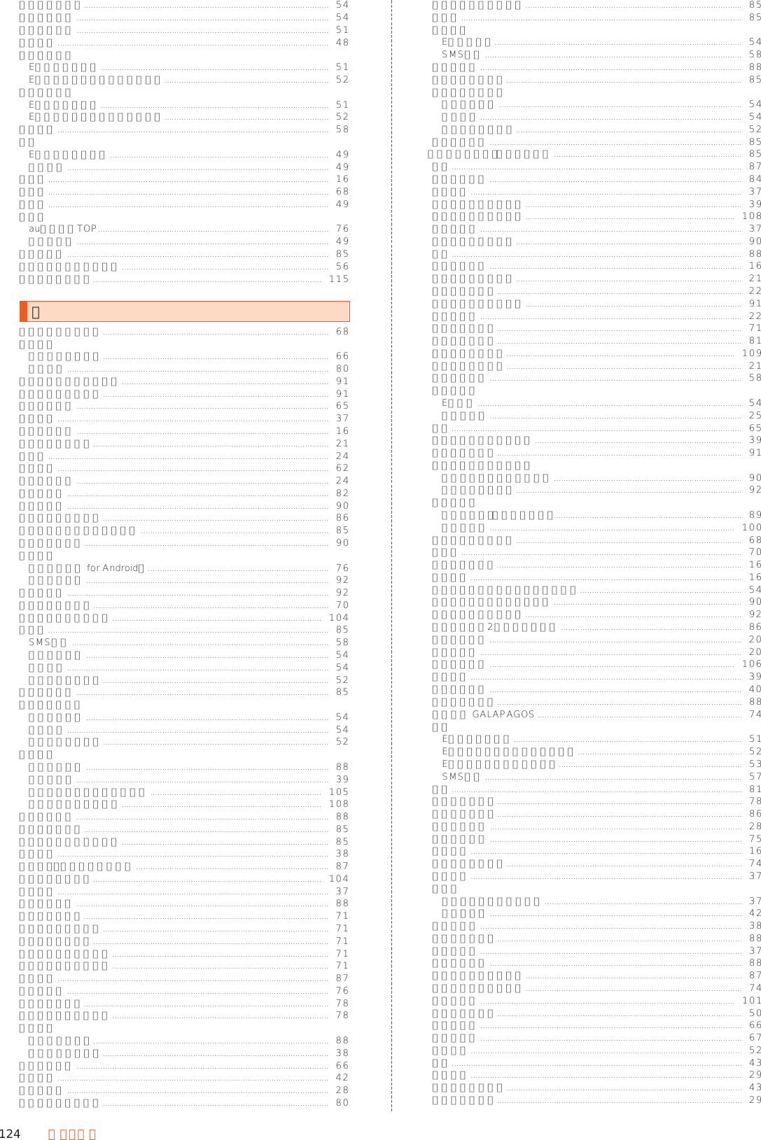 124 付 録・索 引送信時確認表示.......................................................................................................  54送信失敗通知 ..........................................................................................................  54送信失敗理由 ..........................................................................................................  51送信予約 ..................................................................................................................  48送信予約解除Eメール個別操作 ................................................................................................  51Eメール詳細表示画面のメニュー .....................................................................  52送信予約情報Eメール個別操作 ................................................................................................  51Eメール詳細表示画面のメニュー .....................................................................  52送達確認 ..................................................................................................................  58挿入Eメール本文入力中 ............................................................................................  49本文装飾 ..............................................................................................................  49送話口 ......................................................................................................................  16ソート ......................................................................................................................  68速デコ ......................................................................................................................  49その他auサービスTOP.................................................................................................  76データ添付 ..........................................................................................................  49その他の音 ..............................................................................................................  85その他の詳細設定をする .......................................................................................  56ソフトウェア更新 ................................................................................................  115たタイトルで絞り込む ...............................................................................................  68タイマー静止画／動画撮影 ...............................................................................................  66タイマー ..............................................................................................................  80タイムゾーンの自動設定 .......................................................................................  91タイムゾーンの選択 ...............................................................................................  91タイムラプス ..........................................................................................................  65ダイヤル ..................................................................................................................  37タッチパネル ..........................................................................................................  16タッチパネル補正 ...................................................................................................  21タップ ......................................................................................................................  24タブ一覧 ..................................................................................................................  62ダブルタップ ..........................................................................................................  24単語テスト ..............................................................................................................  82単語リスト ..............................................................................................................  90端末が回転したとき ...............................................................................................  86端末がロックされているとき ...............................................................................  85端末管理アプリ.......................................................................................................  90端末情報安心アクセス for Android™ ............................................................................  76端末情報設定 ......................................................................................................  92端末の状態 ..............................................................................................................  92地域を選んで作成 ...................................................................................................  70着信お知らせサービス ........................................................................................  104着信音 ......................................................................................................................  85SMS設定 ............................................................................................................  58個別通知設定 ......................................................................................................  54通知設定 ..............................................................................................................  54フォルダ着信通知 ...............................................................................................  52着信音の音量 ..........................................................................................................  85着信音鳴動時間個別通知設定 ......................................................................................................  54通知設定 ..............................................................................................................  54フォルダ着信通知 ...............................................................................................  52着信拒否着信拒否設定 ......................................................................................................  88着信を拒否 ..........................................................................................................  39番号通知リクエストサービス ........................................................................  105迷惑電話撃退サービス ....................................................................................  108着信拒否設定 ..........................................................................................................  88着信時のバイブ.......................................................................................................  85着信時のバイブパターン .......................................................................................  85着信転送 ..................................................................................................................  38着信転送・お留守番サービス .................................................................................  87着信転送サービス ................................................................................................  104着信履歴 ..................................................................................................................  37着信履歴保存 ..........................................................................................................  88チャンネル一覧.......................................................................................................  71チャンネル個別登録 ...............................................................................................  71チャンネルサーチ ...................................................................................................  71チャンネルリスト切替 ...........................................................................................  71チャンネルリスト編集 ...........................................................................................  71注意事項 ..................................................................................................................  87中学生向け ..............................................................................................................  76長エネスイッチ.......................................................................................................  78長エネスイッチの概要 ...........................................................................................  78直接入力おはようメール...................................................................................................  88ボイスパーティー ...............................................................................................  38ちらつき防止 ..........................................................................................................  66追加する ..................................................................................................................  42通常マナー ..............................................................................................................  28通常マナー中の鳴動 ...............................................................................................  80通信品質レポート機能 ...........................................................................................  85通知音 ......................................................................................................................  85通知設定Eメール設定 ........................................................................................................  54SMS設定 ............................................................................................................  58通知不可能 ..............................................................................................................  88通知へのアクセス ...................................................................................................  85通知ポップアップ個別通知設定 ......................................................................................................  54通知設定 ..............................................................................................................  54フォルダ着信通知 ...............................................................................................  52通知を非表示 ..........................................................................................................  85［通知を非表示］へのアクセス ...............................................................................  85通話 ..........................................................................................................................  87通話音質設定 ..........................................................................................................  84通話終了 ..................................................................................................................  37通話終了後のお知らせ ...........................................................................................  39通話明細分計サービス ........................................................................................  108通話を追加 ..............................................................................................................  37提供元不明のアプリ ...............................................................................................  90停止 ..........................................................................................................................  88ディスプレイ ..........................................................................................................  16データお預かり設定 ...............................................................................................  21データ取り込み.......................................................................................................  22データのバックアップ ...........................................................................................  91データ引継 ..............................................................................................................  22データ放送設定.......................................................................................................  71データリセット.......................................................................................................  81データローミング ................................................................................................  109データを移行する ...................................................................................................  21テーマカラー ..........................................................................................................  58テーマ設定Eメール ...............................................................................................................  54ホーム画面 ..........................................................................................................  25手鏡 ..........................................................................................................................  65手書きシンクの自動保存 .......................................................................................  39テキストの修正.......................................................................................................  91テキスト読み上げの出力文字入力や使用言語の設定 ...............................................................................  90ユーザー補助設定 ...............................................................................................  92テザリングその他の設定（もっと見る） ...............................................................................  89テザリング .......................................................................................................  100デジタルカメラ画像 ...............................................................................................  68テレビ ......................................................................................................................  70テレビアンテナ.......................................................................................................  16電源キー ..................................................................................................................  16電源キー押下による着信音鳴動停止 ....................................................................  54電源キーですぐにロックする ...............................................................................  90電源キーで通話を終了 ...........................................................................................  92電源ボタンを2回押してカメラ ............................................................................  86電源を入れる ..........................................................................................................  20電源を切る ..............................................................................................................  20伝言お知らせ .......................................................................................................  106伝言メモ ..................................................................................................................  39伝言メモ設定 ..........................................................................................................  40伝言メモリスト.......................................................................................................  88電子書籍 GALAPAGOS ......................................................................................  74転送Eメール個別操作 ................................................................................................  51Eメール詳細表示画面のメニュー .....................................................................  52Eメールのスレッド個別操作 .............................................................................  53SMS転送 ............................................................................................................  57電卓 ..........................................................................................................................  81電池残量で切替.......................................................................................................  78電池残量％表示.......................................................................................................  86電池の最適化 ..........................................................................................................  28電池もち診断 ..........................................................................................................  75電話キー ..................................................................................................................  16電話サポート予約 ...................................................................................................  74電話する ..................................................................................................................  37電話帳電話帳から電話をかける ...................................................................................  37電話帳登録 ..........................................................................................................  42電話帳引用 ..............................................................................................................  38電話帳から選ぶ.......................................................................................................  88電話帳参照 ..............................................................................................................  37電話帳登録外 ..........................................................................................................  88電話帳未登録番号追加 ...........................................................................................  87電話でのお問い合わせ ...........................................................................................  74電話の音声 ...........................................................................................................  101電話番号コピー.......................................................................................................  50動画サイズ ..............................................................................................................  66動画を送る ..............................................................................................................  67同期設定 ..................................................................................................................  52統合 ..........................................................................................................................  43登録解除 ..................................................................................................................  29登録先アカウント ...................................................................................................  43登録内容を変更.......................................................................................................  29