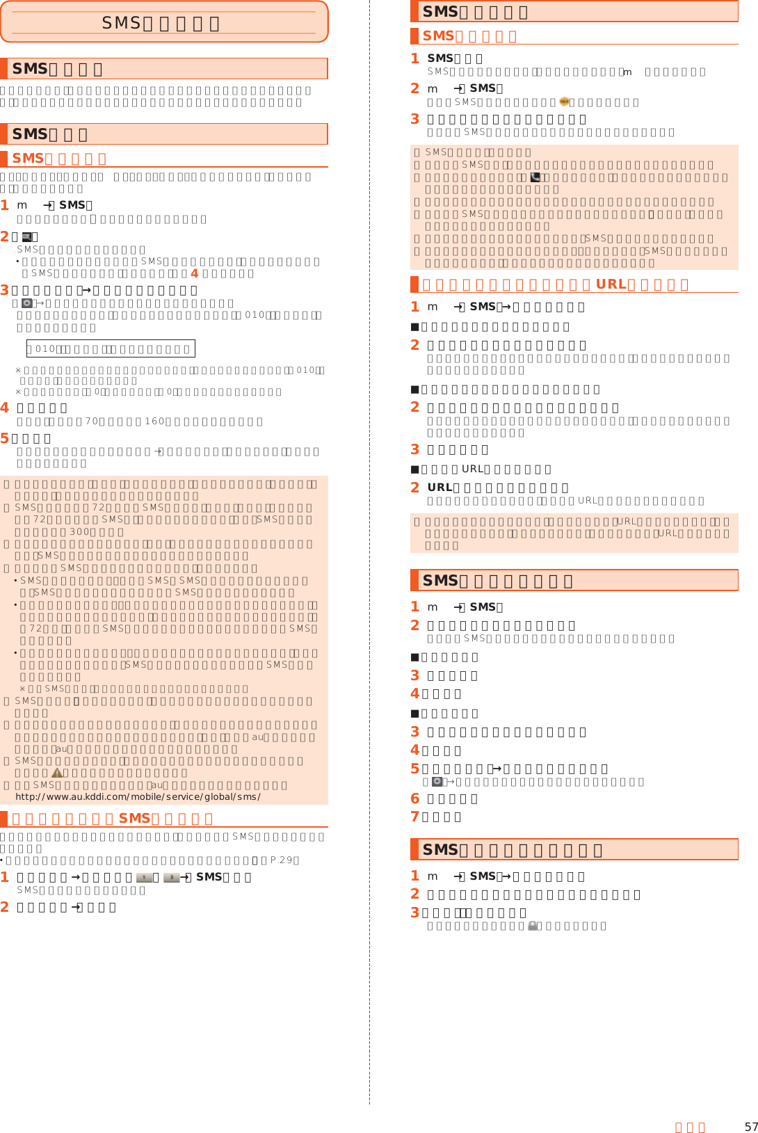 57メールSMSを利用するSMSについて携帯電話同士で、電話番号を宛先としてメールのやりとりができるサービスです。海外の現地携帯電話の電話番号を宛先にしてもメッセージが送れます。SMSを送るSMSを送信する漢字・ひらがな・カタカナ・英数字・記号・絵文字・顔文字のメッセージ（メール本文）を送信できます。󱈠 m→［SMS］相手先別のスレッド一覧画面が表示されます。󱈢 ［ ］SMS作成画面が表示されます。 過去に送受信した相手の方にSMSを送信するときは、スレッドを選択してもSMSを作成できます。その場合は、手順󱈦へ進みます。󱈤 ［宛先を入力］→相手先電話番号を入力［ ］→電話帳から相手先を選択することもできます。海外へ送信する場合は、宛先には相手先電話番号の前に「010」と「国番号」を入力してください。「010」＋「国番号」＋「相手先電話番号」※ 電話帳から相手先電話番号を引用した場合は、もう一度宛先をタップして「010」と「国番号」を入力してください。※ 相手先電話番号が「0」で始まる場合は「0」を除いて入力してください。󱈦 本文を入力本文は、全角最大70／半角最大160文字まで入力できます。󱈨 ［送信］送信したメッセージを長くタッチ→［送達確認結果］と操作すると、送信結果を確認できます。 ◎ メッセージ作成中に「戻る」をタップすると、スレッド一覧画面に「下書き」が表示され、メールを送信せずに保存できます。 ◎ SMSセンターでは72時間までSMSをお預かり（蓄積）します。蓄積されてから72時間経過したSMSは、自動的に消去されます。なお、SMSのお預かり可能件数は300件です。 ◎ 受信されるお客様のご利用状況、また、送信されるお客様の電話機の種類により、SMSセンターでお預かりできない場合があります。 ◎ 蓄積されたSMSが配信されるタイミングは、次の通りです。 SMS蓄積後すぐに配信：新しいSMSがSMSセンターに蓄積されるたびに、SMSセンターでお預かりしていたSMSがすべて配信されます。 リトライ機能による配信：相手の方が電波の届かない場所にいるときや、電源が入っていないなどの理由で、蓄積後すぐに配信できなかった場合は、最大72時間、相手先へSMSを繰り返し送信するリトライ機能によりSMSを配信します。 通話を終了したときに配信：蓄積後すぐに配信できなかった場合は、お客様が通話を終了したときに、SMSセンターにお預かりしていたSMSをすべて配信します。※ 国際SMSの場合、配信タイミングが異なる場合があります。 ◎ SMS送信時は、「発信者番号通知」の設定にかかわらず発信者番号が通知されます。 ◎ 絵文字を他社の携帯電話に送信すると、一部他社の絵文字に変換されたり、受信側で正しく表示されないことがあります。また、異なるau電話に送信した場合は、auの旧絵文字に変換される場合があります。 ◎ SMSの送信が成功しても、電波の弱い場所などではまれに送信したメッセージに が表示される場合があります。 ◎ 国際SMSの詳細につきましては、auホームページをご覧ください。 (http://www.au.kddi.com/mobile/service/global/sms/)クイックボタンでSMSを送信するホーム画面のクイックボタンを利用すると、簡単な操作でSMSを送信することができます。 あらかじめクイックボタンに相手を登録しておいてください。（▶P. 29）󱈠 ホーム画面→登録済みの ∼ →［SMS作成］SMS作成画面が表示されます。󱈢 本文を入力→［送信］SMSを受け取るSMSを確認する󱈠 SMSを受信 SMSの受信が終了すると、メール受信音が鳴り、mが点滅します。󱈢 m→［SMS］未読のSMSがあるスレッドには が表示されます。󱈤 確認する相手先のスレッドを選択受信したSMSを含むスレッド内容表示画面が表示されます。 ◎ SMSの受信は、無料です。 ◎ 受信したSMSでは、送信してきた相手の方の電話番号を確認できます。 ◎ スレッド内容表示画面で「 」をタップすると、相手の方の電話番号が入力されたダイヤル画面を表示します。 ◎ 受信したメールの内容によっては正しく表示されない場合があります。 ◎ 受信したSMSがダイアログ表示される場合があります。「閉じる」を選択するとメッセージを削除します。 ◎ 本体メモリの空き容量が不足した場合、SMSを正しく受信できません。 ◎ データお預かりアプリでバックアップ・復元処理中に、SMSアプリを終了させないでください。正しく受信できない場合があります。電話番号／メールアドレス／URLを利用する󱈠 m→［SMS］→スレッドを選択 ■本文中の電話番号を利用する場合󱈢 電話番号があるメッセージを選択アプリケーションの選択画面が表示された場合は、利用するアプリケーションを選択してください。 ■本文中のメールアドレスを利用する場合󱈢 メールアドレスがあるメッセージを選択アプリケーションの選択画面が表示された場合は、利用するアプリケーションを選択してください。󱈤 メールを作成 ■本文中のURLを利用する場合󱈢 URLがあるメッセージを選択インターネットが起動して、選択したURLのページが表示されます。 ◎ 本文中に利用できる電話番号、メールアドレス、URLが複数ある場合は、確認画面が表示されます。利用する電話番号、メールアドレス、URLを選択してください。SMSを返信／転送する󱈠 m→［SMS］󱈢 返信／転送するスレッドを選択受信したSMSを含むスレッド内容表示画面が表示されます。 ■返信する場合󱈤 本文を入力󱈦 ［送信］ ■転送する場合󱈤 転送するメッセージを長くタッチ󱈦 ［転送］󱈨 ［宛先を入力］→相手先電話番号を入力［ ］→電話帳から相手先を選択することもできます。󱈪 本文を入力󱈬 ［送信］SMSを保護／保護解除する󱈠 m→［SMS］→スレッドを選択󱈢 保護／保護解除するメッセージを長くタッチ󱈤 ［保護］／［保護解除］保護したメッセージには が表示されます。