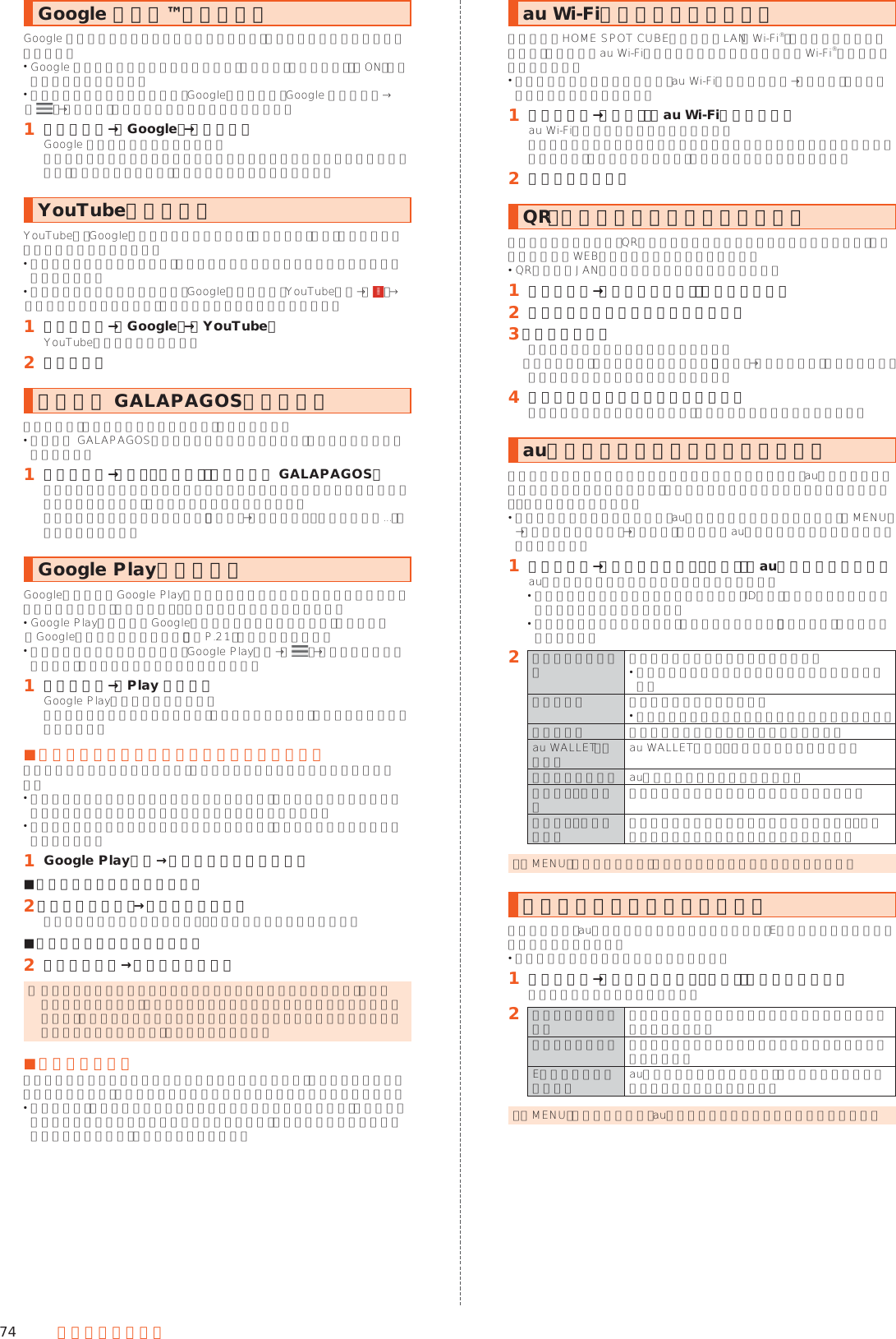 74 アプリケーションGoogle マップ™を利用するGoogle マップで現在地の表示や別の場所の検索、ルート検索などを行うことができます。 Google マップで現在地の確認を行うには、あらかじめ「位置情報」を「ON」に設定する必要があります。 利用方法などの詳細については、Googleのサイトや、Google マップ画面→［］→［ヘルプ］と操作してヘルプをご参照ください。󱈠 ホーム画面→［Google］→［マップ］Google マップ画面が表示されます。初回起動時には利用規約とプライバシーポリシーなどの確認画面が表示されます。内容をご確認のうえ、画面に従って操作してください。YouTubeを利用するYouTubeは、Googleの動画共有サービスです。動画の再生、検索、アップロードなどを行うことができます。 動画をアップロードするなど、さまざまな機能を利用するにはログインする必要があります。 利用方法などの詳細については、Googleのサイトや、YouTube画面→［ ］→［ヘルプとフィードバック］と操作してヘルプをご参照ください。󱈠 ホーム画面→［Google］→［YouTube］YouTube画面が表示されます。󱈢 動画を選択電子書籍 GALAPAGOSを利用する新聞や雑誌、書籍などの電子書籍を購入、閲覧できます。 電子書籍 GALAPAGOSのすべての機能を利用するには、ユーザー登録が必要になります。󱈠 ホーム画面→「遊ぶ・楽しむ」の［電子書籍 GALAPAGOS］初回起動時にはアプリ初期設定画面やユーザー登録の画面が表示されます。内容をご確認のうえ、画面に従って操作してください。詳しい操作方法の確認については、［情報］→［マニュアル・プライバシー...］と操作してください。Google Playを利用するGoogleが提供するGoogle Playから便利なツールやゲームなどのさまざまなアプリケーションを、ダウンロード・インストールして利用できます。 Google Playの利用にはGoogleアカウントの設定が必要です。詳しくは、「Googleアカウント設定を行う」（▶P. 21）をご参照ください。 利用方法などの詳細については、Google Play画面→［ ］→［ヘルプとフィードバック］と操作してヘルプをご参照ください。󱈠 ホーム画面→［Play ストア］Google Play画面が表示されます。利用規約などが表示された場合は、内容をご確認のうえ、画面に従って操作してください。 ■アプリケーションを検索してインストールするアプリケーションが有料の場合は、ダウンロードする前に購入手続きを行います。 アプリケーションに対する支払いは一度だけです。一度ダウンロードした後のアンインストールと再ダウンロードには料金がかかりません。 有料のアプリケーションをダウンロードするには、お支払い方法を設定する必要があります。󱈠 Google Play画面→アプリケーションを選択 ■無料のアプリケーションの場合󱈢 ［インストール］→画面に従って操作アプリケーションのダウンロード・インストールが開始されます。 ■有料のアプリケーションの場合󱈢 価格をタップ→画面に従って操作 ◎ インストールする前にアプリケーションの情報をご確認ください。インストールに承諾すると、アプリケーションの使用に関する責任を負うことになります。多くの機能または大量のデータにアクセスするアプリケーションをインストールするときは、特にご注意ください。 ■返金を請求する購入後一定時間内であれば返金を請求することができます。クレジットカードなどには課金されず、アプリケーションは本製品からアンインストールされます。 返金請求は、各アプリケーションに対して最初の一度のみ有効です。過去に一度購入したアプリケーションに対して返金請求をし、同じアプリケーションを再度購入した場合には、返金請求はできません。au Wi-Fi接続ツールを利用するご自宅にてHOME SPOT CUBEなどの無線LAN（Wi-Fi®）親機と簡単に接続できます。外出先ではau Wi-Fiのご利用可能なスポットですぐにWi-Fi®が使えるようになります。 利用方法などの詳細については、au Wi-Fi接続ツール画面→［ヘルプ］と操作してヘルプをご参照ください。󱈠 ホーム画面→「設定」の［au Wi-Fi接続ツール］au Wi-Fi接続ツール画面が表示されます。初回起動時にはアプリ初期設定画面やプライバシーポリシーの確認画面が表示されます。内容をご確認のうえ、画面に従って操作してください。󱈢 画面に従って操作QR・バーコードリーダーを利用する読取カメラを利用して、QRコードやバーコードを読み取ることができます。読み取った内容はWEBサイト表示などに利用できます。 QRコードとJANコードの読み取りに対応しています。󱈠 ホーム画面→「便利なツール」の［読取カメラ］󱈢 カメラスライドカバーを下にスライド󱈤 ［バーコード］バーコードリーダー画面が表示されます。「バーコード」が表示されていない場合、［切替］→［バーコード］と操作すると、バーコードリーダー画面が表示されます。󱈦 読み取るバーコードを画面中央に表示自動的にバーコードが読み取られ、読み取り結果画面が表示されます。auお客さまサポートアプリを利用するデータ通信量や月々の利用状況などを簡単に確認できるほか、auお客さまサポートウェブサイトへアクセスして、料金プランやオプションサービスなどの申し込み・変更手続きができます。 利用方法などの詳細については、auお客さまサポートアプリ起動中に［MENU］→［本アプリについて］→［ヘルプ］と操作してauお客さまサポートのヘルプをご参照ください。󱈠 ホーム画面→「サポート／安心・安全」の［auお客さまサポート］auお客さまサポートのトップ画面が表示されます。 初めて起動したときは設定画面が表示され、ID設定、自動更新設定およびお知らせの受信設定が行えます。 利用規約が表示された場合は、内容をご確認のうえ、「同意する」をタップしてください。󱈢 今月のデータ通信量利用したデータ通信量が確認できます。 トップ画面では今月のデータ通信量を表示しています。ご請求金額 ご請求金額が確認できます。 トップ画面では今月のご請求金額を表示しています。ご利用料金 月々の利用状況などを簡単に確認できます。au WALLET・ポイント au WALLETの残高・ポイントが確認できます。ご契約内容の確認 au電話の契約内容を確認できます。各種変更・お手続きサービス申し込みや契約内容の変更ができます。困った時・わからない時 操作ガイドや迷惑メールフィルターの設定方法・紛失や故障時のお手続き方法などが確認できます。 ◎「MENU」をタップすると、各画面へのメニュー一覧が表示されます。お問い合わせアプリを利用する簡単な操作で、auお客さまセンターに電話をかけたり、Eメールで問い合わせしたりすることができます。 電話サポートの予約をすることもできます。󱈠 ホーム画面→「サポート／安心・安全」の［お問い合わせ］お問い合わせ画面が表示されます。󱈢 電話でのお問い合わせ 問い合わせ内容に応じたサポート担当に電話をかけることができます。電話サポート予約 お客さまセンターからの電話サポートを予約することができます。Eメールでのお問い合わせ auお問い合わせフォームより、問い合わせ内容を記入して送信することができます。 ◎「MENU」をタップすると、auお客さまサポートメニューが表示されます。