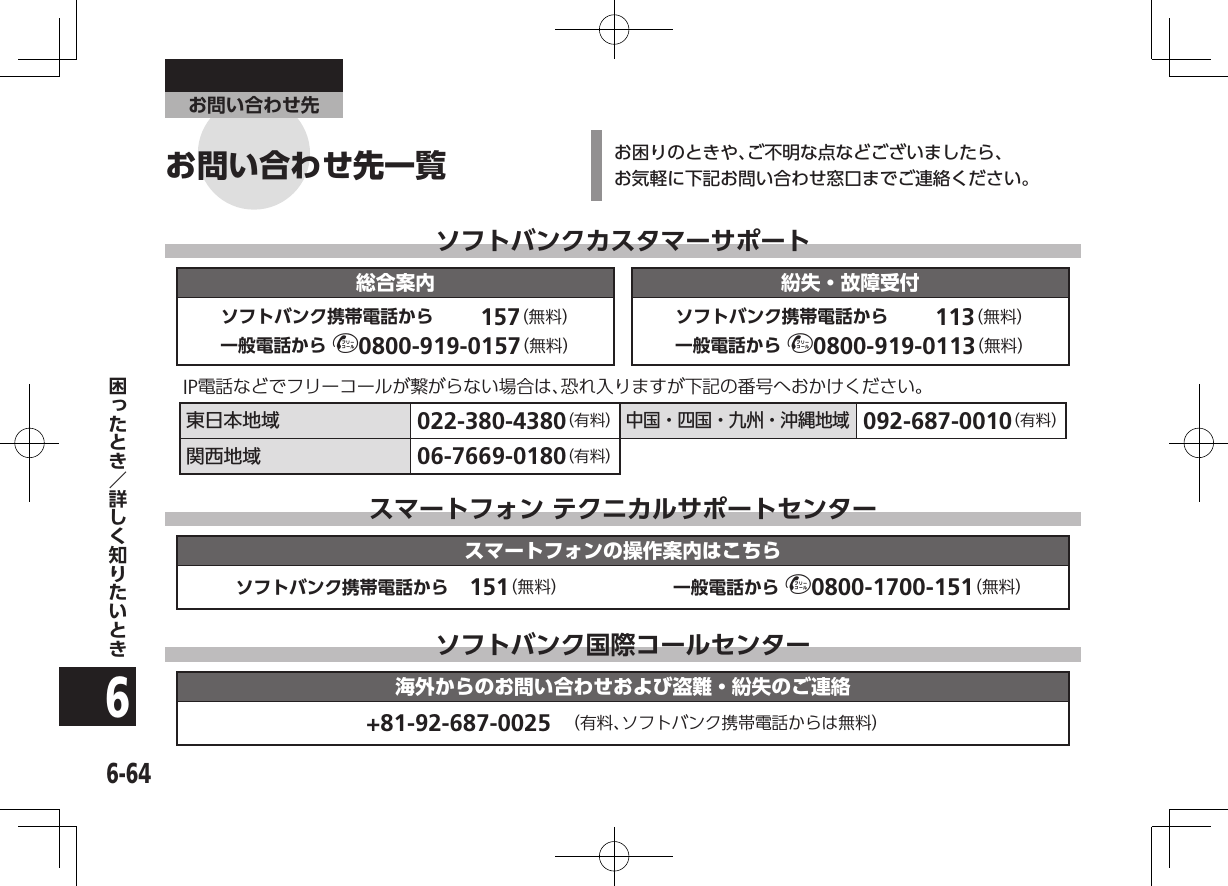 6-646お問い合わせ先ソフトバンクカスタマーサポート総合案内 紛失・故障受付ソフトバンク携帯電話から   157（無料）一般電話から j0800-919-0157（無料）ソフトバンク携帯電話から   113（無料）一般電話から j0800-919-0113（無料）IP電話などでフリーコールが繋がらない場合は、恐れ入りますが下記の番号へおかけください。東日本地域 022-380-4380（有料）中国・四国・九州・沖縄地域092-687-0010（有料）関西地域 06-7669-0180（有料）スマートフォン テクニカルサポートセンタースマートフォンの操作案内はこちらソフトバンク携帯電話から 151（無料） 一般電話から j0800-1700-151（無料）ソフトバンク国際コールセンター海外からのお問い合わせおよび盗難・紛失のご連絡+81-92-687-0025 （有料、ソフトバンク携帯電話からは無料）お困りのときや、ご不明な点などございましたら、 お気軽に下記お問い合わせ窓口までご連絡ください。お問い合わせ先一覧