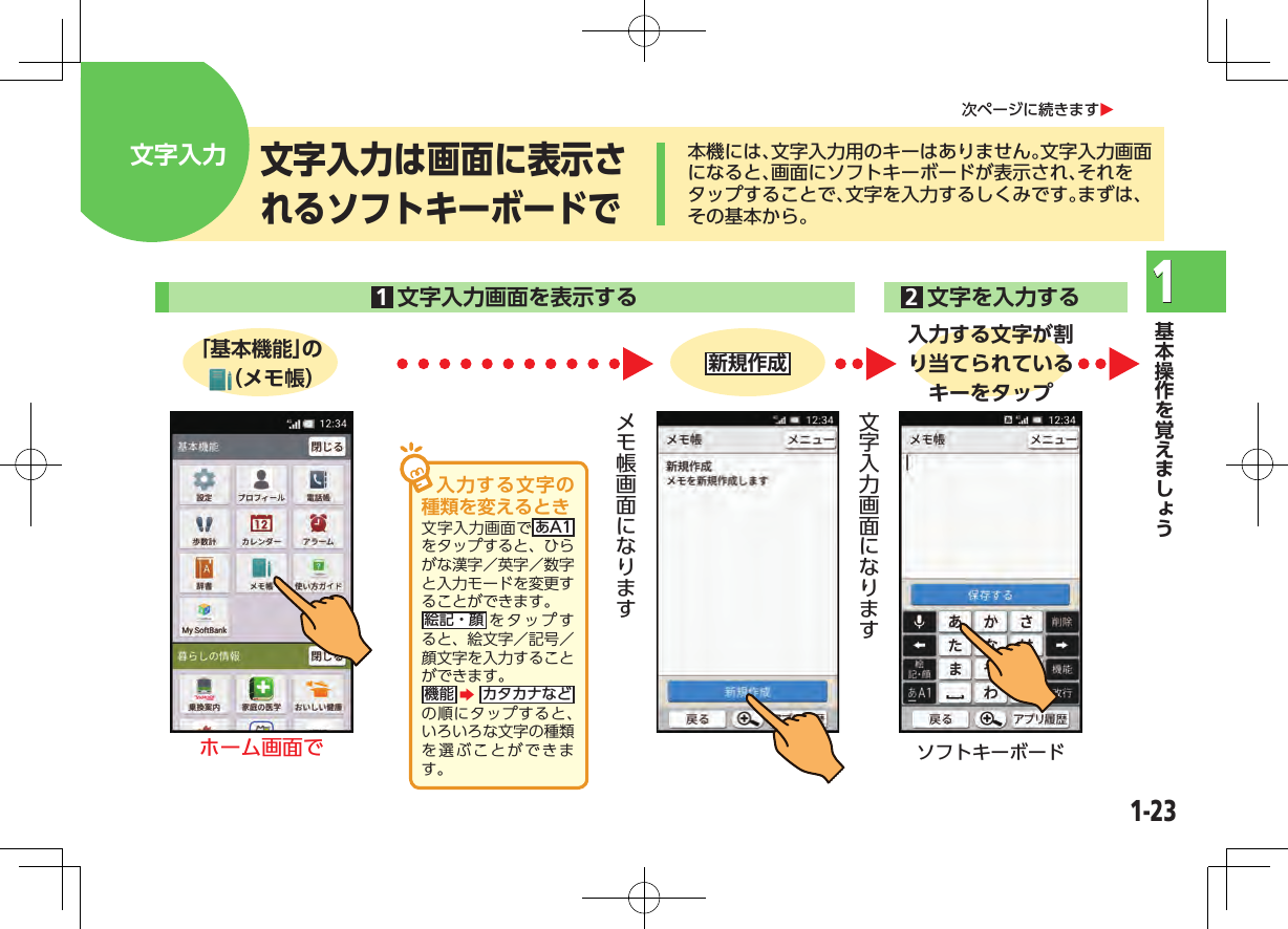 1-231本機には、文字入力用のキーはありません。文字入力画面になると、画面にソフトキーボードが表示され、それをタップすることで、文字を入力するしくみです。まずは、その基本から。文字入力は画面に表示されるソフトキーボードで文字入力次ページに続きますO 1文字入力画面を表示する     2文字を入力する   「基本機能」の（メモ帳） 新規作成入力する文字が割り当てられているキーをタップホーム画面で ソフトキーボード入力する文字の種類を変えるとき文字入力画面で あA1をタップすると、ひらがな漢字／英字／数字と入力モードを変更することができます。絵記・顔 をタップすると、絵文字／記号／顔文字を入力することができます。機能 Zカタカナなどの順にタップすると、いろいろな文字の種類を選ぶことができます。