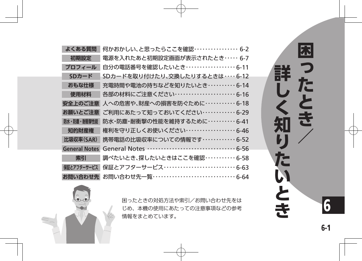 66-1困ったときの対処方法や索引／お問い合わせ先をはじめ、本機の使用にあたっての注意事項などの参考情報をまとめています。電源を入れたあと初期設定画面が表示されたとき･････ 6-7初期設定自分の電話番号を確認したいとき･･････････････････ 6-11プロフィールSDカードを取り付けたり、交換したりするときは ････ 6-12SDカード充電時間や電池の持ちなどを知りたいとき･･････････ 6-14おもな仕様各部の材料にご注意ください･･････････････････････ 6-16使用材料人への危害や、財産への損害を防ぐために･･･････････ 6-18安全上のご注意ご利用にあたって知っておいてください････････････ 6-29お願いとご注意防水・防塵・耐衝撃の性能を維持するために･･････････ 6-41防水・防塵・耐衝撃性能権利を守り正しくお使いください･･････････････････ 6-46知的財産権携帯電話の比吸収率についての情報です････････････ 6-52比吸収率（SAR）General Notes ････････････････････････････････ 6-56調べたいとき、探したいときはここを確認･･･････････ 6-58保証とアフターサービス･･････････････････････････ 6-63お問い合わせ先一覧･･････････････････････････････ 6-64General Notes索引保証とアフターサービスお問い合わせ先何かおかしい、と思ったらここを確認････････････････ 6-2よくある質問