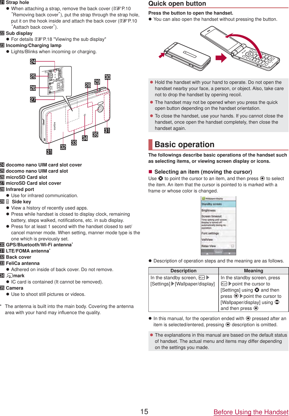 󱈽 Strap holezWhen attaching a strap, remove the back cover (☞P.  10 “Removing back cover”), put the strap through the strap hole, put it on the hook inside and attach the back cover (☞P.  10 “Aattach back cover”).󱈾 Sub displayzFor details ☞P.  18 &quot;Viewing the sub display&quot;󱈿 Incoming/Charging lampzLights/Blinks when incoming or charging.󱉁󱉀󱉂󱉃󱉄󱉆󱉅󱉇󱉈󱉉󱉊󱉋󱉇󱉀 docomo nano UIM card slot cover󱉁 docomo nano UIM card slot󱉂 microSD Card slot󱉃 microSD Card slot cover󱉄 Infrared portzUse for infrared communication.󱉅&amp; Side keyzView a history of recently used apps.zPress while handset is closed to display clock, remaining battery, steps walked, notifications, etc. in sub display.zPress for at least 1 second with the handset closed to set/cancel manner mode. When setting, manner mode type is theone which is previously set.󱉆 GPS/Bluetooth/Wi-Fi antenna*󱉇 LTE/FOMA antenna*󱉈 Back cover󱉉 FeliCa antennazAdhered on inside of back cover. Do not remove.󱉊bmarkzIC card is contained (It cannot be removed).󱉋 CamerazUse to shoot still pictures or videos.*  The antenna is built into the main body. Covering the antenna area with your hand may influence the quality.Quick open buttonPress the button to open the handset.zYou can also open the handset without pressing the button.zHold the handset with your hand to operate. Do not open the handset nearby your face, a person, or object. Also, take care not to drop the handset by opening recoil.zThe handset may not be opened when you press the quick open button depending on the handset orientation.zTo close the handset, use your hands. If you cannot close the handset, once open the handset completely, then close the handset again.Basic operationThe followings describe basic operations of the handset suchas selecting items, or viewing screen display or icons.Selecting an item (moving the cursor)Use w to point the cursor to an item, and then press t to select the item. An item that the cursor is pointed to is marked with a frame or whose color is changed.zDescription of operation steps and the meaning are as follows.Description MeaningIn the standby screen, z▶[Settings]▶[Wallpaper/display]In the standby screen, press z▶point the cursor to [Settings] using w and then press t▶point the cursor to [Wallpaper/display] using uand then press tzIn this manual, for the operation ended with t pressed after an item is selected/entered, pressing t description is omitted.zThe explanations in this manual are based on the default status of handset. The actual menu and items may differ depending on the settings you made.15 Before Using the Handset