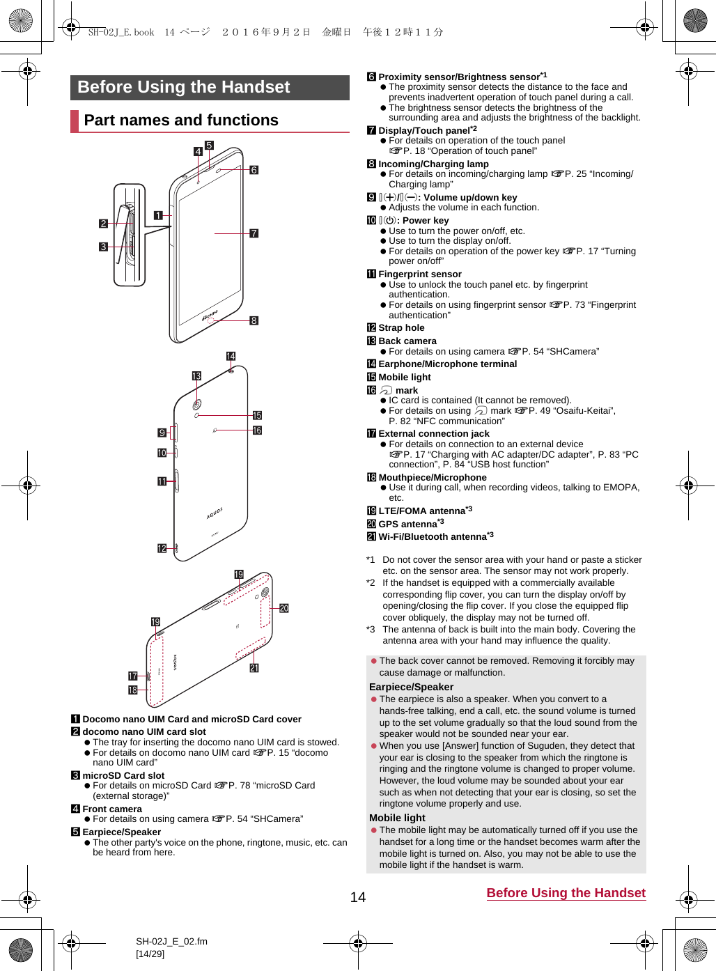 14 Before Using the HandsetSH-02J_E_02.fm[14/29]1Docomo nano UIM Card and microSD Card cover2docomo nano UIM card slot The tray for inserting the docomo nano UIM card is stowed. For details on docomo nano UIM card &gt;P. 15 “docomo nano UIM card”3microSD Card slot For details on microSD Card &gt;P. 78 “microSD Card (external storage)”4Front camera For details on using camera &gt;P. 54 “SHCamera”5Earpiece/Speaker The other party&apos;s voice on the phone, ringtone, music, etc. can be heard from here.6Proximity sensor/Brightness sensor*1 The proximity sensor detects the distance to the face and prevents inadvertent operation of touch panel during a call. The brightness sensor detects the brightness of the surrounding area and adjusts the brightness of the backlight.7Display/Touch panel*2 For details on operation of the touch panel &gt;P. 18 “Operation of touch panel”8Incoming/Charging lamp For details on incoming/charging lamp &gt;P. 25 “Incoming/Charging lamp”91/2: Volume up/down key Adjusts the volume in each function.a0: Power key Use to turn the power on/off, etc. Use to turn the display on/off. For details on operation of the power key &gt;P. 17 “Turning power on/off”bFingerprint sensor Use to unlock the touch panel etc. by fingerprint authentication. For details on using fingerprint sensor &gt;P. 73 “Fingerprint authentication”cStrap holedBack camera For details on using camera &gt;P. 54 “SHCamera”eEarphone/Microphone terminalfMobile lightg# mark IC card is contained (It cannot be removed). For details on using # mark &gt;P. 49 “Osaifu-Keitai”, P. 82 “NFC communication”hExternal connection jack For details on connection to an external device &gt;P. 17 “Charging with AC adapter/DC adapter”, P. 83 “PC connection”, P. 84 “USB host function”iMouthpiece/Microphone Use it during call, when recording videos, talking to EMOPA, etc.jLTE/FOMA antenna*3kGPS antenna*3lWi-Fi/Bluetooth antenna*3*1 Do not cover the sensor area with your hand or paste a sticker etc. on the sensor area. The sensor may not work properly.*2 If the handset is equipped with a commercially available corresponding flip cover, you can turn the display on/off by opening/closing the flip cover. If you close the equipped flip cover obliquely, the display may not be turned off.*3 The antenna of back is built into the main body. Covering the antenna area with your hand may influence the quality.Before Using the HandsetPart names and functions The back cover cannot be removed. Removing it forcibly may cause damage or malfunction. Earpiece/Speaker The earpiece is also a speaker. When you convert to a hands-free talking, end a call, etc. the sound volume is turned up to the set volume gradually so that the loud sound from the speaker would not be sounded near your ear. When you use [Answer] function of Suguden, they detect that your ear is closing to the speaker from which the ringtone is ringing and the ringtone volume is changed to proper volume. However, the loud volume may be sounded about your ear such as when not detecting that your ear is closing, so set the ringtone volume properly and use.Mobile light The mobile light may be automatically turned off if you use the handset for a long time or the handset becomes warm after the mobile light is turned on. Also, you may not be able to use the mobile light if the handset is warm.SH-02J_E.book  14 ページ  ２０１６年９月２日　金曜日　午後１２時１１分