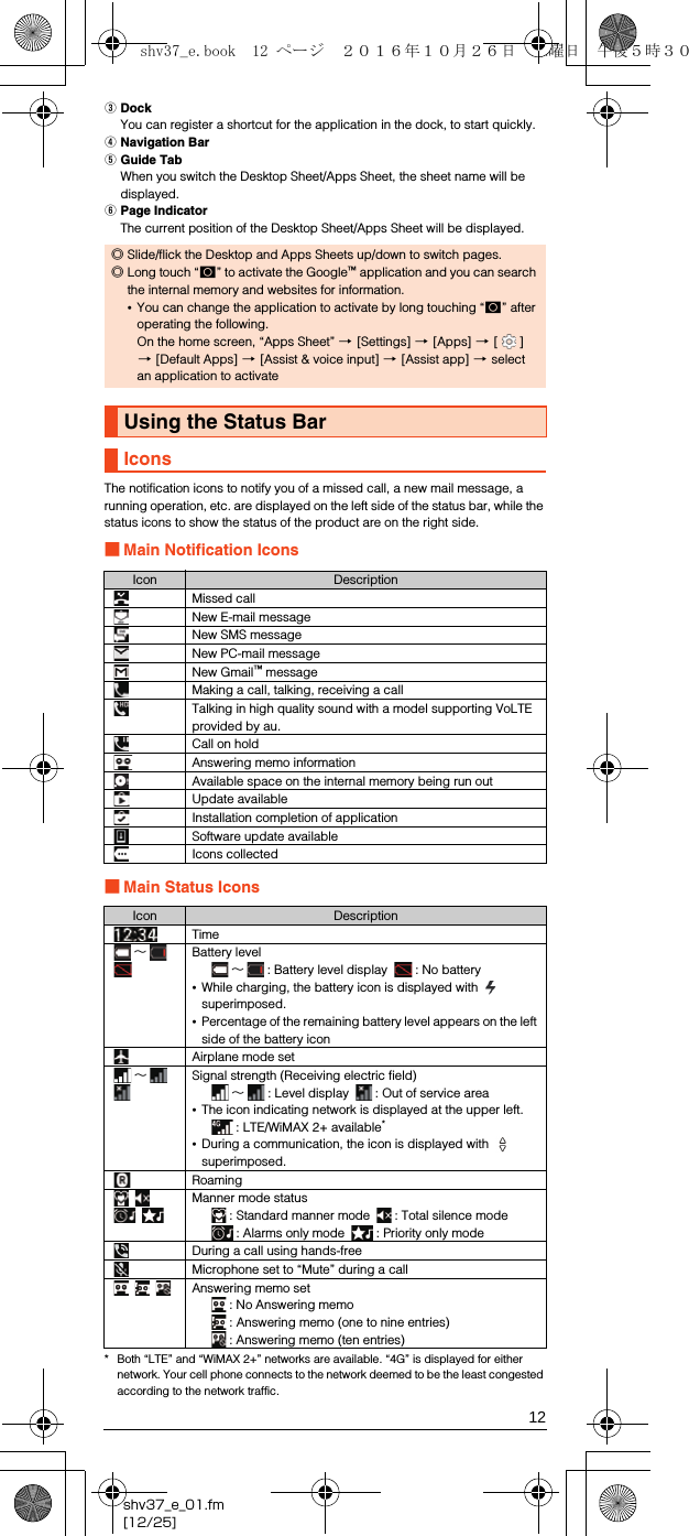 12shv37_e_01.fm[12/25]CDockYou can register a shortcut for the application in the dock, to start quickly.DNavigation BarEGuide TabWhen you switch the Desktop Sheet/Apps Sheet, the sheet name will be displayed.FPage IndicatorThe current position of the Desktop Sheet/Apps Sheet will be displayed.The notification icons to notify you of a missed call, a new mail message, a running operation, etc. are displayed on the left side of the status bar, while the status icons to show the status of the product are on the right side.■Main Notification Icons■Main Status Icons* Both “LTE” and “WiMAX 2+” networks are available. “4G” is displayed for either network. Your cell phone connects to the network deemed to be the least congested according to the network traffic.◎Slide/flick the Desktop and Apps Sheets up/down to switch pages.◎Long touch “#” to activate the Google™ application and you can search the internal memory and websites for information.•You can change the application to activate by long touching “#” after operating the following.On the home screen, “Apps Sheet” [[Settings] [[Apps] [[] [[Default Apps] [[Assist &amp; voice input] [[Assist app] [select an application to activateUsing the Status BarIconsIcon DescriptionMissed callNew E-mail messageNew SMS messageNew PC-mail messageNew Gmail™ messageMaking a call, talking, receiving a callTalking in high quality sound with a model supporting VoLTE provided by au.Call on holdAnswering memo informationAvailable space on the internal memory being run outUpdate availableInstallation completion of applicationSoftware update availableIcons collectedIcon DescriptionTime∼Battery level∼: Battery level display  : No battery•While charging, the battery icon is displayed with   superimposed.•Percentage of the remaining battery level appears on the left side of the battery iconAirplane mode set∼Signal strength (Receiving electric field)∼: Level display  : Out of service area•The icon indicating network is displayed at the upper left.: LTE/WiMAX 2+ available*•During a communication, the icon is displayed with   superimposed.RoamingManner mode status: Standard manner mode  : Total silence mode: Alarms only mode  : Priority only modeDuring a call using hands-freeMicrophone set to “Mute” during a callAnswering memo set: No Answering memo: Answering memo (one to nine entries): Answering memo (ten entries)shv37_e.book  12 ページ  ２０１６年１０月２６日　水曜日　午後５時３０分