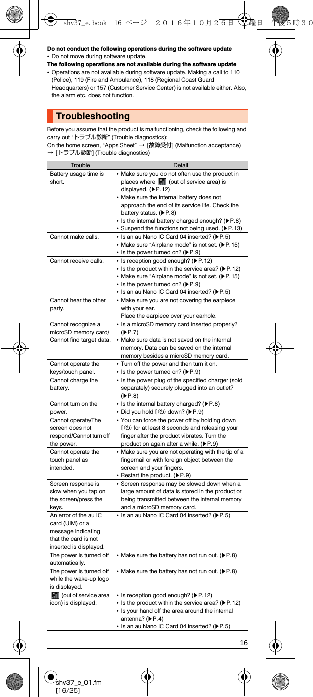 16shv37_e_01.fm[16/25]Do not conduct the following operations during the software update•Do not move during software update.The following operations are not available during the software update•Operations are not available during software update. Making a call to 110 (Police), 119 (Fire and Ambulance), 118 (Regional Coast Guard Headquarters) or 157 (Customer Service Center) is not available either. Also, the alarm etc. does not function.Before you assume that the product is malfunctioning, check the following and carry out “トラブル診断” (Trouble diagnostics):On the home screen, “Apps Sheet” [[故障受付] (Malfunction acceptance) [[トラブル診断] (Trouble diagnostics)TroubleshootingTrouble DetailBattery usage time is short.•Make sure you do not often use the product in places where   (out of service area) is displayed. (zP.12)•Make sure the internal battery does not approach the end of its service life. Check the battery status. (zP.8)•Is the internal battery charged enough? (zP.8)•Suspend the functions not being used. (zP.13)Cannot make calls. •Is an au Nano IC Card 04 inserted? (zP.5)•Make sure “Airplane mode” is not set. (zP.15)•Is the power turned on? (zP.9)Cannot receive calls. •Is reception good enough? (zP.12)•Is the product within the service area? (zP.12)•Make sure “Airplane mode” is not set. (zP.15)•Is the power turned on? (zP.9)•Is an au Nano IC Card 04 inserted? (zP.5)Cannot hear the other party.•Make sure you are not covering the earpiece with your ear.Place the earpiece over your earhole.Cannot recognize a microSD memory card/Cannot find target data.•Is a microSD memory card inserted properly? (zP.7)•Make sure data is not saved on the internal memory. Data can be saved on the internal memory besides a microSD memory card.Cannot operate the keys/touch panel.•Turn off the power and then turn it on.•Is the power turned on? (zP.9)Cannot charge the battery.•Is the power plug of the specified charger (sold separately) securely plugged into an outlet? (zP.8)Cannot turn on the power.•Is the internal battery charged? (zP.8)•Did you hold f down? (zP.9)Cannot operate/The screen does not respond/Cannot turn off the power.•You can force the power off by holding down f for at least 8 seconds and releasing your finger after the product vibrates. Turn the product on again after a while. (zP.9)Cannot operate the touch panel as intended.•Make sure you are not operating with the tip of a fingernail or with foreign object between the screen and your fingers.•Restart the product. (zP.9)Screen response is slow when you tap on the screen/press the keys.•Screen response may be slowed down when a large amount of data is stored in the product or being transmitted between the internal memory and a microSD memory card.An error of the au IC card (UIM) or a message indicating that the card is not inserted is displayed.•Is an au Nano IC Card 04 inserted? (zP.5)The power is turned off automatically.•Make sure the battery has not run out. (zP.8)The power is turned off while the wake-up logo is displayed.•Make sure the battery has not run out. (zP.8) (out of service area icon) is displayed.•Is reception good enough? (zP.12)•Is the product within the service area? (zP.12)•Is your hand off the area around the internal antenna? (zP.4)•Is an au Nano IC Card 04 inserted? (zP.5)shv37_e.book  16 ページ  ２０１６年１０月２６日　水曜日　午後５時３０分