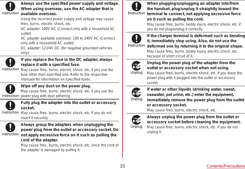 15 Contents/PrecautionsAlways use the specified power supply and voltage.When using overseas, use the AC adapter that is available overseas.Using the incorrect power supply and voltage may cause fires, burns, electric shock, etc.AC adapter: 100V AC (Connect only with a household AC outlet)AC adapter available overseas: 100 to 240V AC (Connect only with a household AC outlet)DC adapter: 12/24V DC (for negative grounded vehicles only)If you replace the fuse in the DC adapter, always replace it with a specified fuse.May cause fires, burns, electric shock, etc. if you use the fuse other than specified one. Refer to the respective manuals for information on specified fuses.Wipe off any dust on the power plug.May cause fires, burns, electric shock, etc. if you use the power plug with dust adhering.Fully plug the adapter into the outlet or accessory socket.May cause fires, burns, electric shock, etc. if you do not insert it securely.Always grasp the adapters when unplugging the power plug from the outlet or accessory socket. Do not apply excessive force on it such as pulling the cord of the adapter.May cause fires, burns, electric shock, etc. since the cord of the adapter is damaged by pulling it.When plugging/unplugging an adapter into/from the handset, plug/unplug it straightly toward the terminal to connect, not applying excessive force on it such as pulling the cord.May cause fires, burns, bodily injury, electric shock, etc. if you do not plug/unplug it correctly.If the charger terminal is deformed such as bending it, immediately stop using. Also, do not use the deformed one by returning it to the original shape.May cause fires, burns, bodily injury, electric shock, etc. because of short circuit of it.Unplug the power plug of the adapter from the outlet or accessory socket when not using.May cause fires, burns, electric shock, etc. if you leave the power plug with it plugged into the outlet or accessory socket.If water or other liquids (drinking water, sweat, seawater, pet urine, etc.) enter the equipment, immediately remove the power plug from the outlet or accessory socket.May cause fires, burns, electric shock, etc.Always unplug the power plug from the outlet or accessory socket before cleaning the equipment.May cause fires, burns, electric shock, etc. if you do not unplug it.