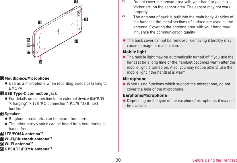 30 Before Using the Handsetf Mouthpiece/Microphone zUse as a microphone when recording videos or talking to EMOPA.g USB Type-C connection jack zFor details on connection to an external device ☞P. 35 “Charging”, P. 178 “PC connection”, P. 179 “USB host function”h Speaker zRingtone, music, etc. can be heard from here. zThe other party&apos;s voice can be heard from here during a hands-free call.i LTE/FOMA antenna*2j Wi-Fi/Bluetooth antenna*2k Wi-Fi antenna*2l GPS/LTE/FOMA antenna*2*1  Do not cover the sensor area with your hand or paste a sticker etc. on the sensor area. The sensor may not work properly.*2  The antenna of back is built into the main body. At sides of the handset, the metal sections of surface are used as the antenna. Covering the antenna area with your hand may influence the communication quality. zThe back cover cannot be removed. Removing it forcibly may cause damage or malfunction.Mobile light zThe mobile light may be automatically turned off if you use the handset for a long time or the handset becomes warm after the mobile light is turned on. Also, you may not be able to use the mobile light if the handset is warm.Microphone zWhen using functions which support the microphone, do not cover the hole of the microphone.Earphone/Microphone zDepending on the type of the earphone/microphone, it may not be available.