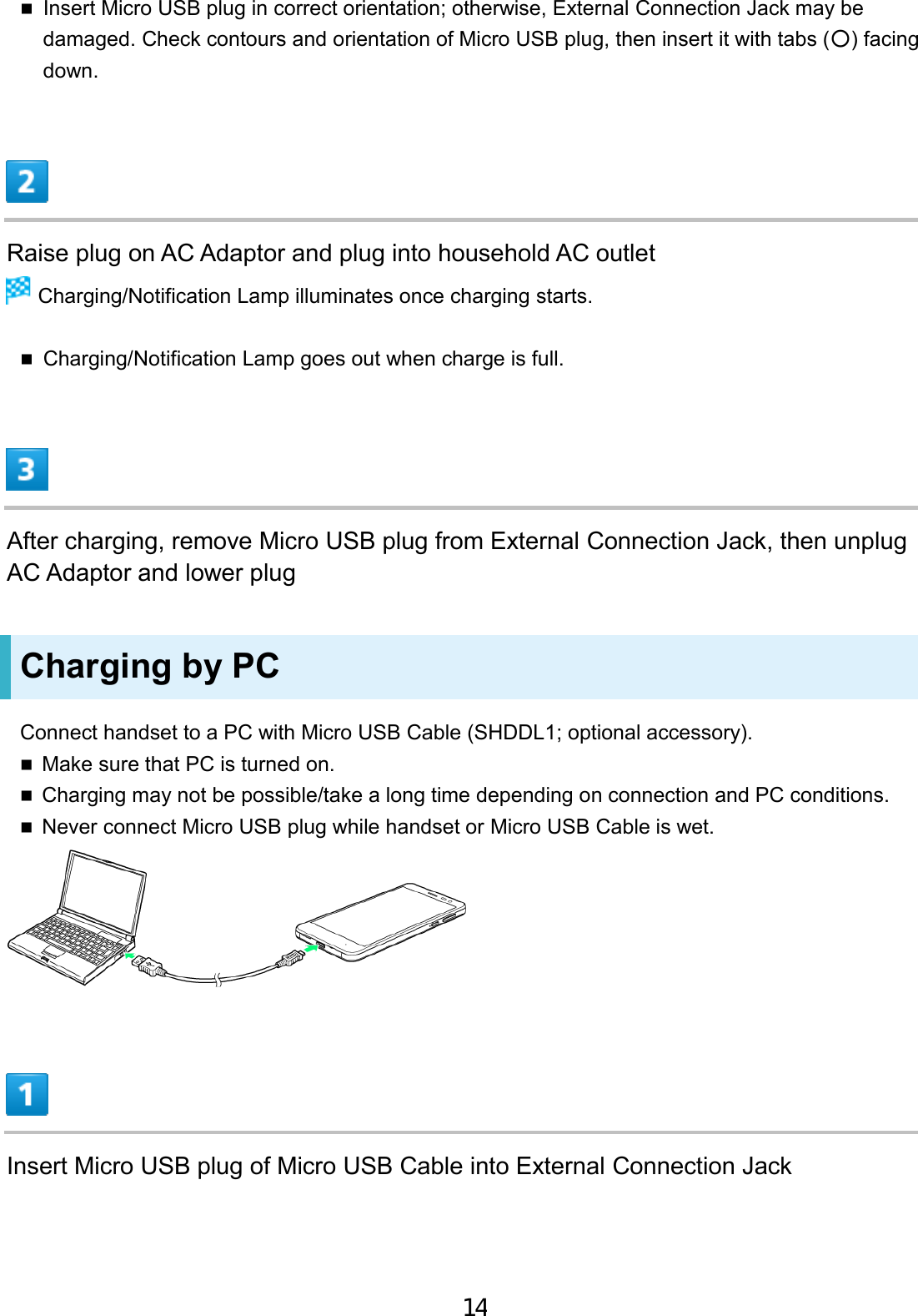 Insert Micro USB plug in correct orientation; otherwise, External Connection Jack may bedamaged. Check contours and orientation of Micro USB plug, then insert it with tabs (○) facingdown.Raise plug on AC Adaptor and plug into household AC outlet  Charging/Notification Lamp illuminates once charging starts. Charging/Notification Lamp goes out when charge is full.After charging, remove Micro USB plug from External Connection Jack, then unplug AC Adaptor and lower plug Charging by PC Connect handset to a PC with Micro USB Cable (SHDDL1; optional accessory). Make sure that PC is turned on.Charging may not be possible/take a long time depending on connection and PC conditions.Never connect Micro USB plug while handset or Micro USB Cable is wet.Insert Micro USB plug of Micro USB Cable into External Connection Jack 14