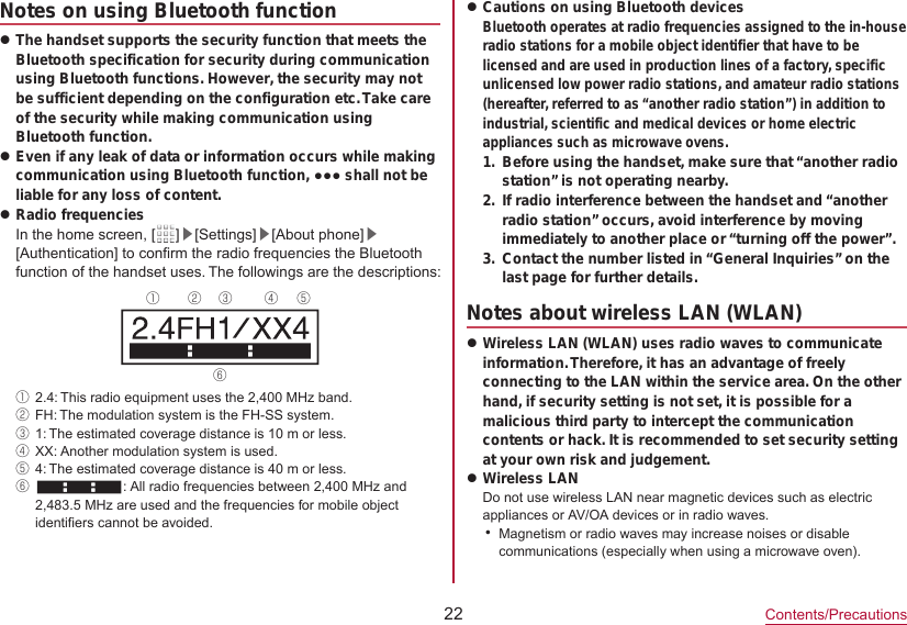 22Contents/PrecautionsNotes on using Bluetooth functionzThe handset supports the security function that meets the Bluetooth specification for security during communication using Bluetooth functions. However, the security may not be sufficient depending on the configuration etc. Take care of the security while making communication using Bluetooth function.zEven if any leak of data or information occurs while making communication using Bluetooth function, ●●● shall not be liable for any loss of content.zRadio frequenciesIn the home screen, [ 　 ]▶[Settings]▶[About phone]▶[Authentication] to confirm the radio frequencies the Bluetooth function of the handset uses. The followings are the descriptions: ① ② ③ ④ ⑤⑥①2.4: This radio equipment uses the 2,400 MHz band.②FH: The modulation system is the FH-SS system.③1: The estimated coverage distance is 10 m or less.④XX: Another modulation system is used.⑤4: The estimated coverage distance is 40 m or less.⑥: All radio frequencies between 2,400 MHz and 2,483.5 MHz are used and the frequencies for mobile object identifiers cannot be avoided.zCautions on using Bluetooth devices Bluetooth operates at radio frequencies assigned to the in-house radio stations for a mobile object identifier that have to be licensed and are used in production lines of a factory, specific unlicensed low power radio stations, and amateur radio stations (hereafter, referred to as “another radio station”) in addition to industrial, scientific and medical devices or home electric appliances such as microwave ovens.1.  Before using the handset, make sure that “another radio station” is not operating nearby.2.  If radio interference between the handset and “another radio station” occurs, avoid interference by moving immediately to another place or “turning off the power”.3.  Contact the number listed in “General Inquiries” on the last page for further details.Notes about wireless LAN (WLAN)zWireless LAN (WLAN) uses radio waves to communicate information. Therefore, it has an advantage of freely connecting to the LAN within the service area. On the other hand, if security setting is not set, it is possible for a malicious third party to intercept the communication contents or hack. It is recommended to set security setting at your own risk and judgement.zWireless LANDo not use wireless LAN near magnetic devices such as electric appliances or AV/OA devices or in radio waves.yMagnetism or radio waves may increase noises or disable communications (especially when using a microwave oven).