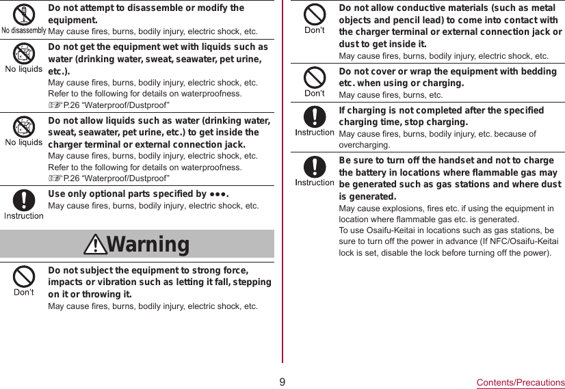 9Contents/PrecautionsDo not attempt to disassemble or modify the equipment.May cause fires, burns, bodily injury, electric shock, etc.Do not get the equipment wet with liquids such as water (drinking water, sweat, seawater, pet urine, etc.).May cause fires, burns, bodily injury, electric shock, etc.Refer to the following for details on waterproofness.☞P. 26  “Waterproof/Dustproof”Do not allow liquids such as water (drinking water, sweat, seawater, pet urine, etc.) to get inside the charger terminal or external connection jack.May cause fires, burns, bodily injury, electric shock, etc.Refer to the following for details on waterproofness.☞P. 26  “Waterproof/Dustproof”Use only optional parts specified by ●●●.May cause fires, burns, bodily injury, electric shock, etc.WarningDo not subject the equipment to strong force, impacts or vibration such as letting it fall, stepping on it or throwing it.May cause fires, burns, bodily injury, electric shock, etc.Do not allow conductive materials (such as metal objects and pencil lead) to come into contact with the charger terminal or external connection jack or dust to get inside it.May cause fires, burns, bodily injury, electric shock, etc.Do not cover or wrap the equipment with bedding etc. when using or charging.May cause fires, burns, etc.If charging is not completed after the specified charging time, stop charging.May cause fires, burns, bodily injury, etc. because of overcharging.Be sure to turn off the handset and not to charge the battery in locations where flammable gas may be generated such as gas stations and where dust is generated.May cause explosions, fires etc. if using the equipment in location where flammable gas etc. is generated.To use Osaifu-Keitai in locations such as gas stations, be sure to turn off the power in advance (If NFC/Osaifu-Keitai lock is set, disable the lock before turning off the power).