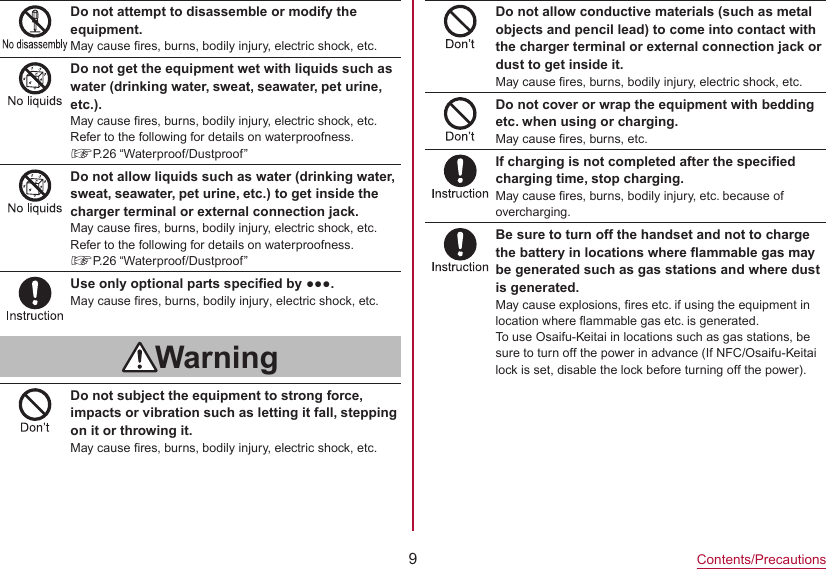 9Contents/PrecautionsDo not attempt to disassemble or modify the equipment.May cause fires, burns, bodily injury, electric shock, etc.Do not get the equipment wet with liquids such as water (drinking water, sweat, seawater, pet urine, etc.).May cause fires, burns, bodily injury, electric shock, etc.Refer to the following for details on waterproofness.☞P. 26  “Waterproof/Dustproof”Do not allow liquids such as water (drinking water, sweat, seawater, pet urine, etc.) to get inside the charger terminal or external connection jack.May cause fires, burns, bodily injury, electric shock, etc.Refer to the following for details on waterproofness.☞P. 26  “Waterproof/Dustproof”Use only optional parts specified by ●●●.May cause fires, burns, bodily injury, electric shock, etc.WarningDo not subject the equipment to strong force, impacts or vibration such as letting it fall, stepping on it or throwing it.May cause fires, burns, bodily injury, electric shock, etc.Do not allow conductive materials (such as metal objects and pencil lead) to come into contact with the charger terminal or external connection jack or dust to get inside it.May cause fires, burns, bodily injury, electric shock, etc.Do not cover or wrap the equipment with bedding etc. when using or charging.May cause fires, burns, etc.If charging is not completed after the specified charging time, stop charging.May cause fires, burns, bodily injury, etc. because of overcharging.Be sure to turn off the handset and not to charge the battery in locations where flammable gas may be generated such as gas stations and where dust is generated.May cause explosions, fires etc. if using the equipment in location where flammable gas etc. is generated.To use Osaifu-Keitai in locations such as gas stations, be sure to turn off the power in advance (If NFC/Osaifu-Keitai lock is set, disable the lock before turning off the power).