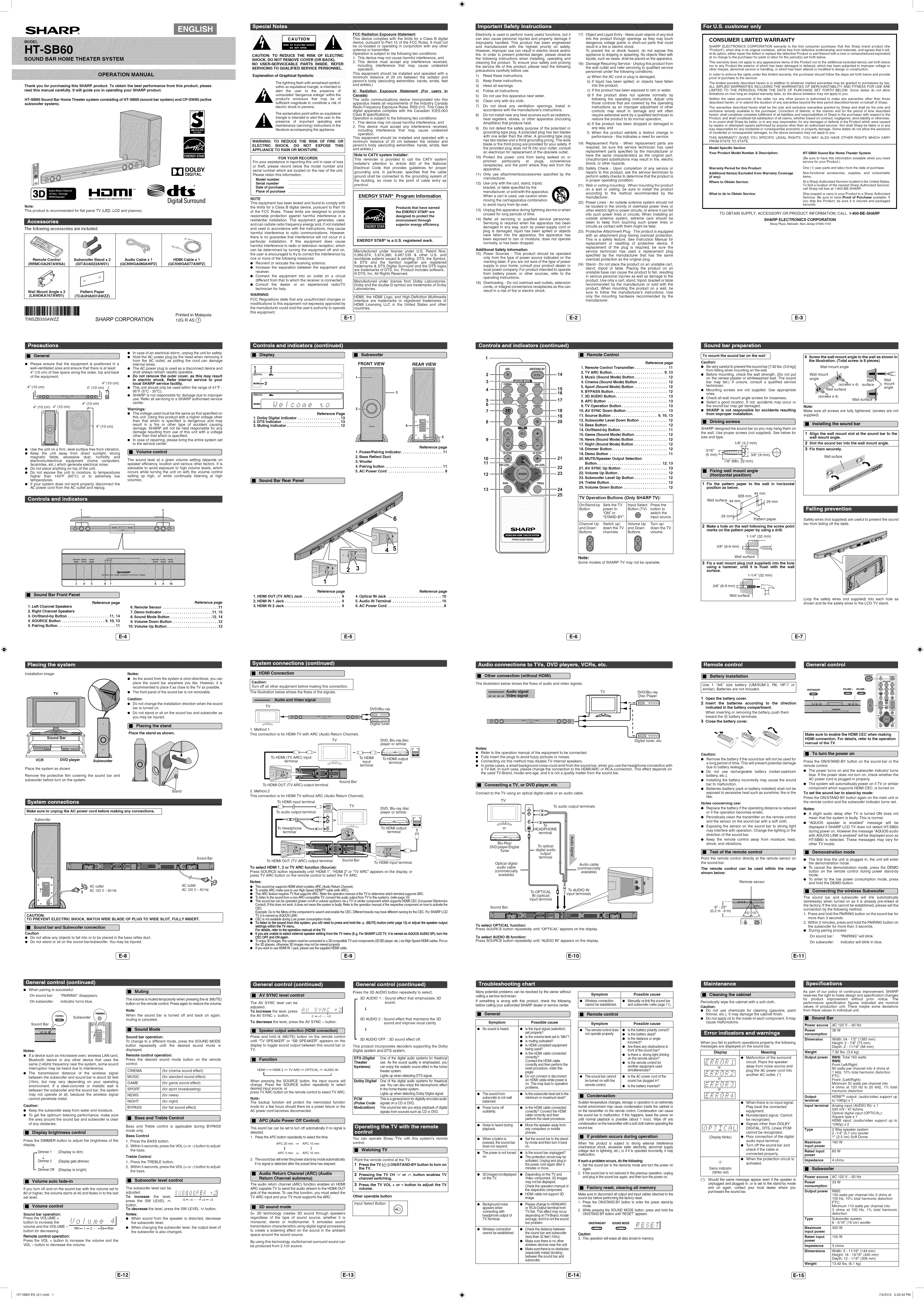 Page 1 of 2 - Sharp HT-SB60 1509431L User Manual  SPEAKERS - Manuals And Guides