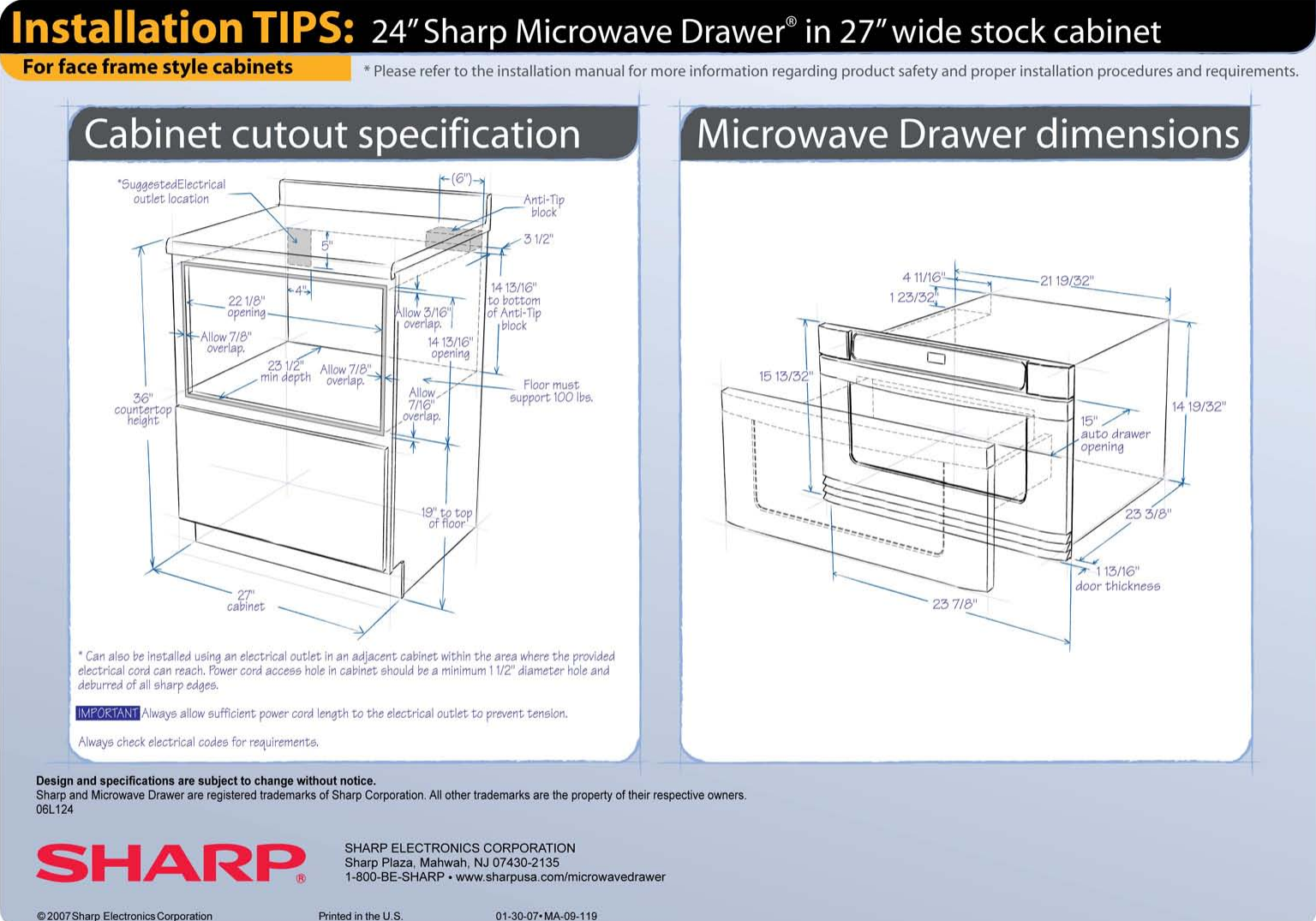Sharp Installation Tips 24 In 27 Face Frame Cabinet Microwave Drawer