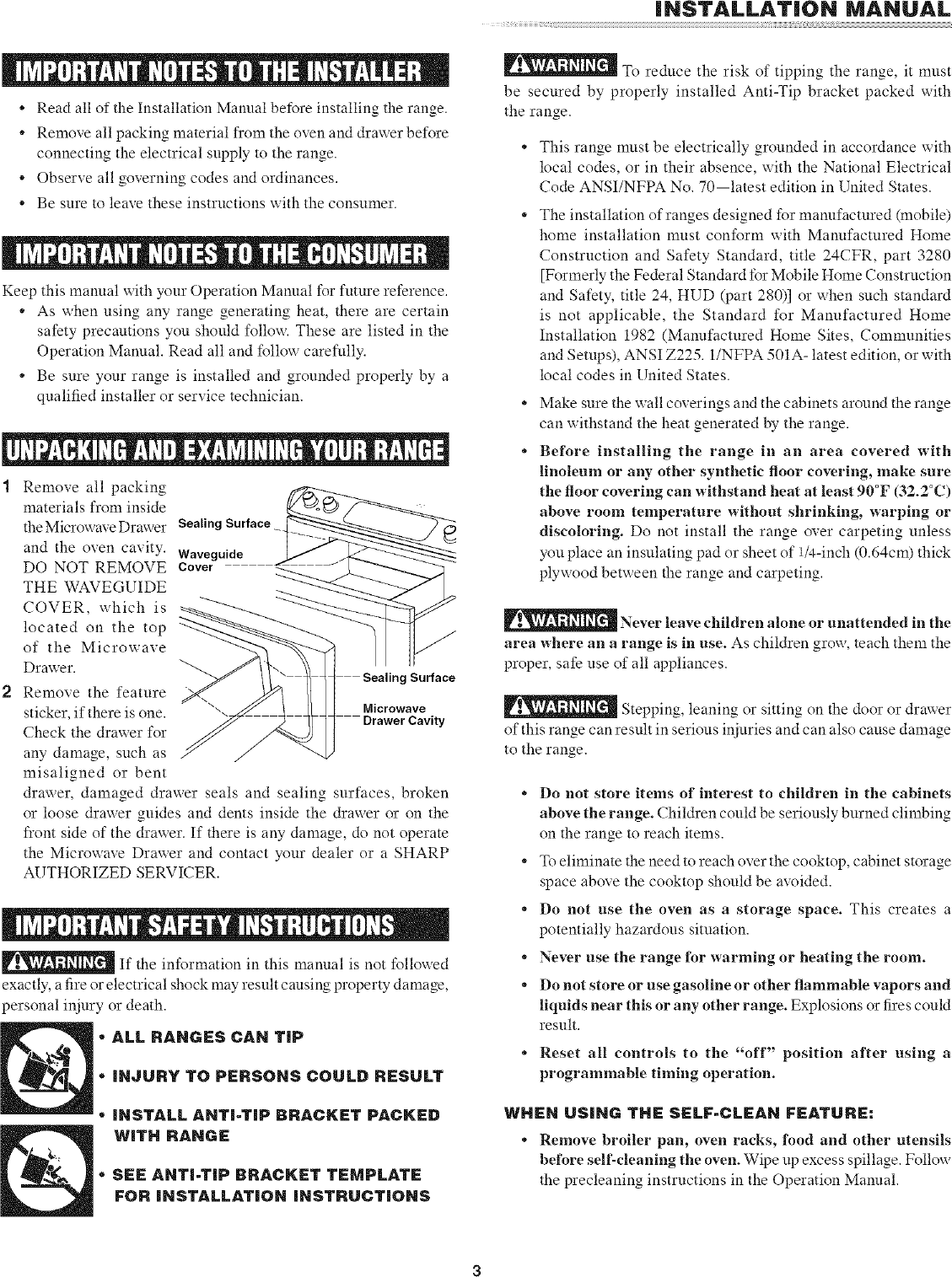 Page 3 of 8 - Sharp KB-4425LS User Manual  ELECTRIC RANGE W/MICROWAVE DRAWER - Manuals And Guides L0701299