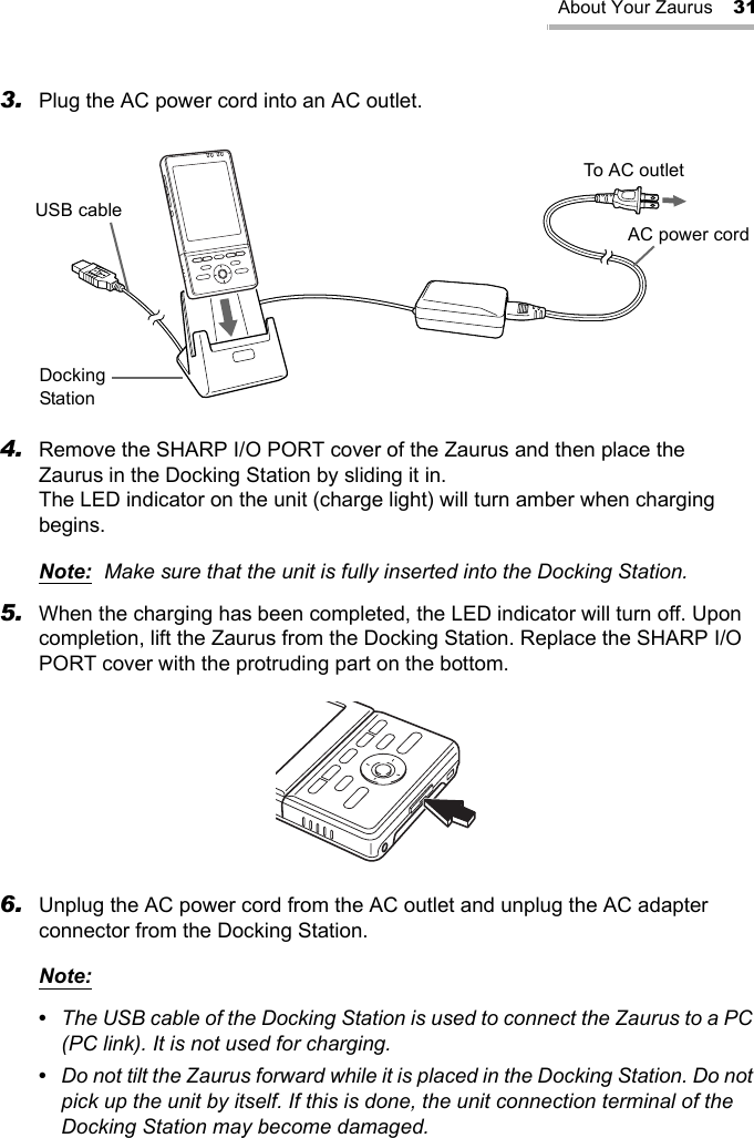 About Your Zaurus 313. Plug the AC power cord into an AC outlet.4. Remove the SHARP I/O PORT cover of the Zaurus and then place the Zaurus in the Docking Station by sliding it in.The LED indicator on the unit (charge light) will turn amber when charging begins.Note:  Make sure that the unit is fully inserted into the Docking Station.5. When the charging has been completed, the LED indicator will turn off. Upon completion, lift the Zaurus from the Docking Station. Replace the SHARP I/O PORT cover with the protruding part on the bottom.6. Unplug the AC power cord from the AC outlet and unplug the AC adapter connector from the Docking Station.Note:•  The USB cable of the Docking Station is used to connect the Zaurus to a PC (PC link). It is not used for charging.•  Do not tilt the Zaurus forward while it is placed in the Docking Station. Do not pick up the unit by itself. If this is done, the unit connection terminal of the Docking Station may become damaged.USB cableDocking StationAC power cordTo AC outlet