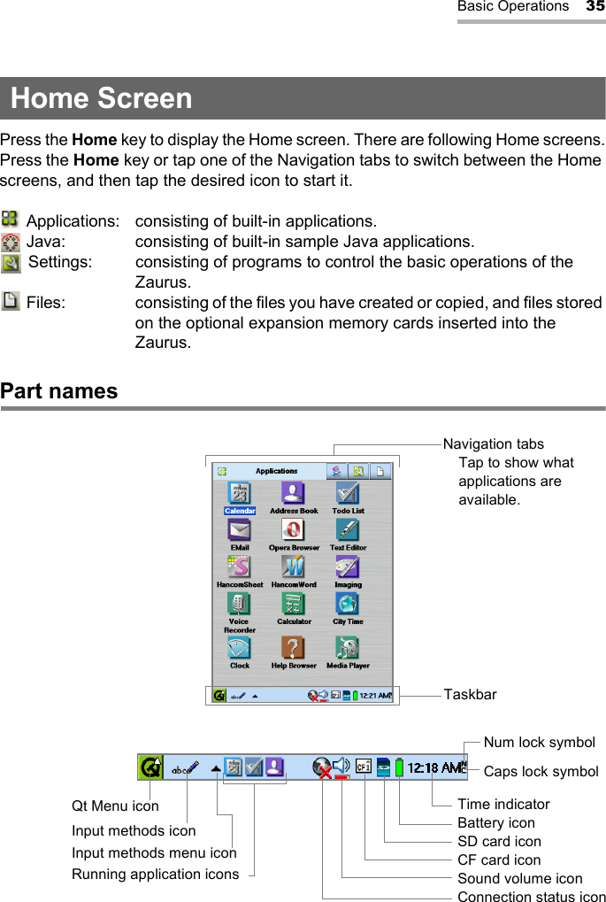 Basic Operations 35Home ScreenPress the Home key to display the Home screen. There are following Home screens.Press the Home key or tap one of the Navigation tabs to switch between the Home screens, and then tap the desired icon to start it. Applications: consisting of built-in applications. Java: consisting of built-in sample Java applications. Settings: consisting of programs to control the basic operations of the Zaurus. Files: consisting of the files you have created or copied, and files stored on the optional expansion memory cards inserted into the Zaurus.Part namesNavigation tabsTap to show what applications are available.TaskbarQt Menu iconRunning application iconsInput methods iconInput methods menu iconTime indicatorBattery iconSD card iconCF card iconSound volume iconConnection status iconCaps lock symbolNum lock symbol