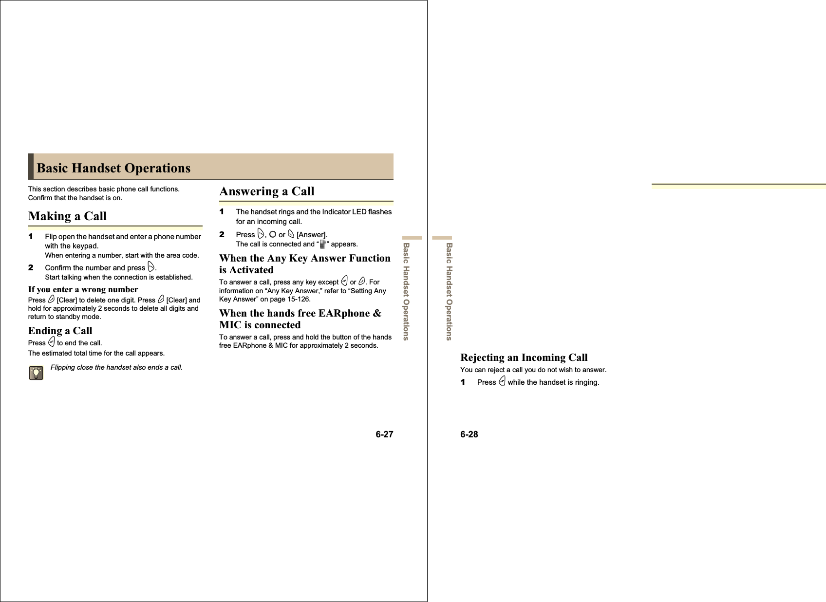 6-27Basic Handset OperationsBasic Handset OperationsThis section describes basic phone call functions. Confirm that the handset is on.Making a Call1Flip open the handset and enter a phone number with the keypad.When entering a number, start with the area code.2Confirm the number and press D.Start talking when the connection is established.If you enter a wrong numberPress A [Clear] to delete one digit. Press A [Clear] and hold for approximately 2 seconds to delete all digits and return to standby mode.Ending a CallPress F to end the call.The estimated total time for the call appears.Answering a Call1The handset rings and the Indicator LED flashes for an incoming call.2Press D,B or C [Answer].The call is connected and “ ” appears.When the Any Key Answer Function is ActivatedTo answer a call, press any key except F or A. For information on “Any Key Answer,” refer to “Setting Any Key Answer” on page 15-126.When the hands free EARphone &amp; MIC is connectedTo answer a call, press and hold the button of the hands free EARphone &amp; MIC for approximately 2 seconds.Flipping close the handset also ends a call.6-28Basic Handset OperationsRejecting an Incoming CallYou can reject a call you do not wish to answer.1Press F while the handset is ringing.RediallingThe handset keeps a record of the phone numbers of the 10 most recent calls dialled, missed, or received. You can retrieve these phone numbers to make calls.1Press D while the handset is in standby mode.2Press c or d to highlight a category between “Dialled numbers,” “Received calls,” and “New calls.”3Press a or b to highlight the number you wish to call.4Press  D to redial the call.Setting Automatic RediallingThis function makes the handset redial automatically when the first redial attempt is unsuccessful. For information on “Auto redial,” refer to “Activating Auto Redial” on page 15-130.When the Hands free EARphone &amp; MIC is connected to the handset and the “Any Key Answer” function is set to “On” you can, answer calls by pressing the V or W key.When the handset is connected to Hands free car kit, and “Automatic answer” is set to “On”, the handset automatically connects the call after the specified time and you can talk to the caller. For information on “Automatic answer”, refer to “Setting the Automatic Answer” on page 15-127.If your subscription includes the Calling Line Identification (CLI) service, the caller’s number appears on the screen. If the caller’s name and number are stored in the “Contacts list,” the caller’s name and phone number appear on the screen.If the number is a restricted number, “withheld” appears.When receiving a call from a person whose picture is registered in the “Contacts list,” the receiving display and the picture appear alternately. For more information on the “Contacts list” refer to “Using the Contacts List” on page 9-48.You can also reject an incoming call by flipping closed the handset.
