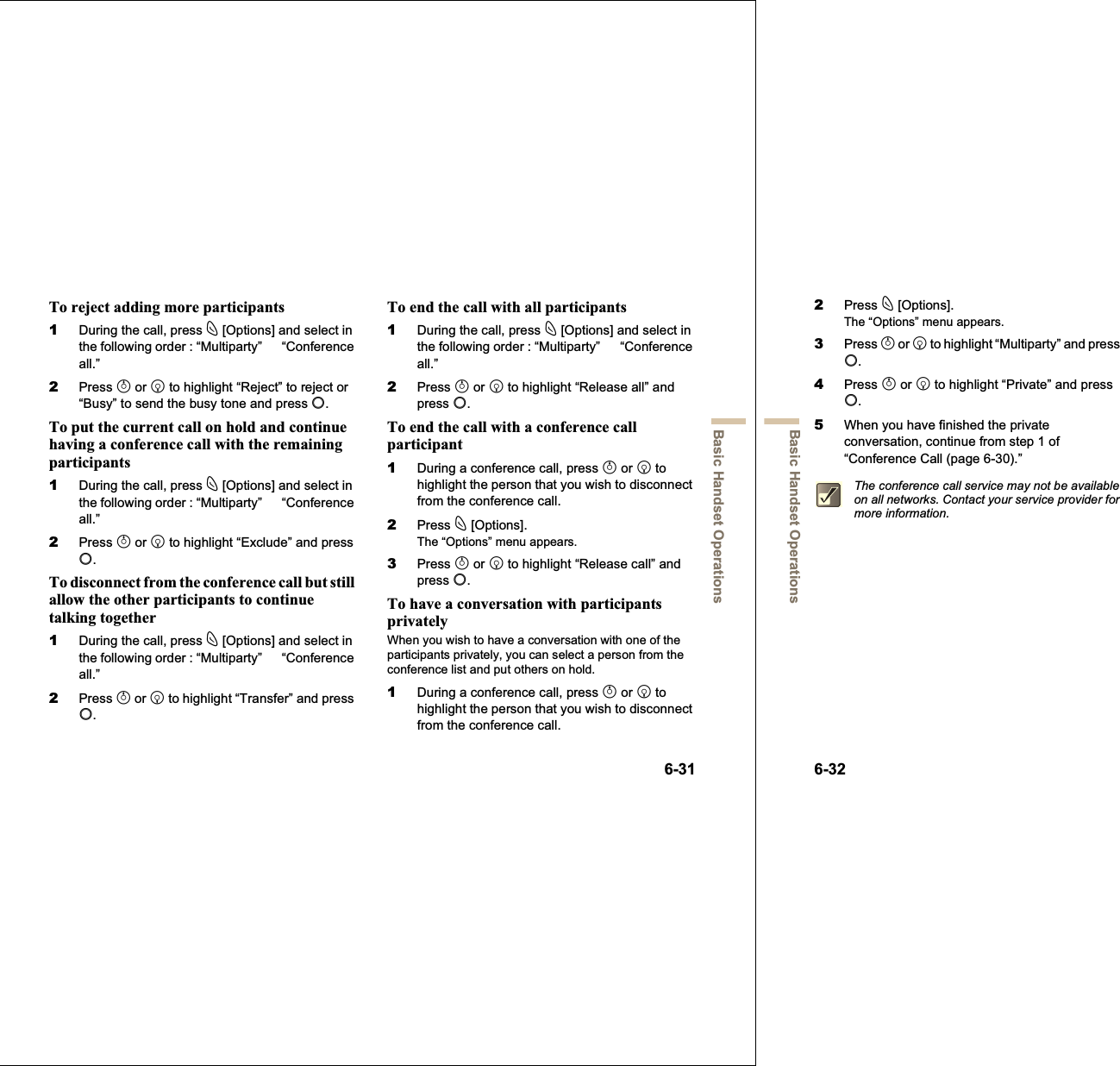 6-31Basic Handset OperationsTo reject adding more participants1During the call, press C [Options] and select in the following order : “Multiparty”   “Conference all.”2Press a or b to highlight “Reject” to reject or “Busy” to send the busy tone and press B.To put the current call on hold and continue having a conference call with the remaining participants1During the call, press C [Options] and select in the following order : “Multiparty”   “Conference all.”2Press a or b to highlight “Exclude” and press B.To disconnect from the conference call but still allow the other participants to continue talking together1During the call, press C [Options] and select in the following order : “Multiparty”   “Conference all.”2Press a or b to highlight “Transfer” and press B.To end the call with all participants1During the call, press C [Options] and select in the following order : “Multiparty”   “Conference all.”2Press a or b to highlight “Release all” and press B.To end the call with a conference call participant1During a conference call, press a or b to highlight the person that you wish to disconnect from the conference call.2Press C [Options].The “Options” menu appears.3Press a or b to highlight “Release call” and press B.To have a conversation with participants privatelyWhen you wish to have a conversation with one of the participants privately, you can select a person from the conference list and put others on hold.1During a conference call, press a or b to highlight the person that you wish to disconnect from the conference call.6-32Basic Handset Operations2Press C [Options].The “Options” menu appears.3Press a or b to highlight “Multiparty” and press B.4Press a or b to highlight “Private” and press B.5When you have finished the private conversation, continue from step 1 of “Conference Call (page 6-30).”The conference call service may not be available on all networks. Contact your service provider for more information.