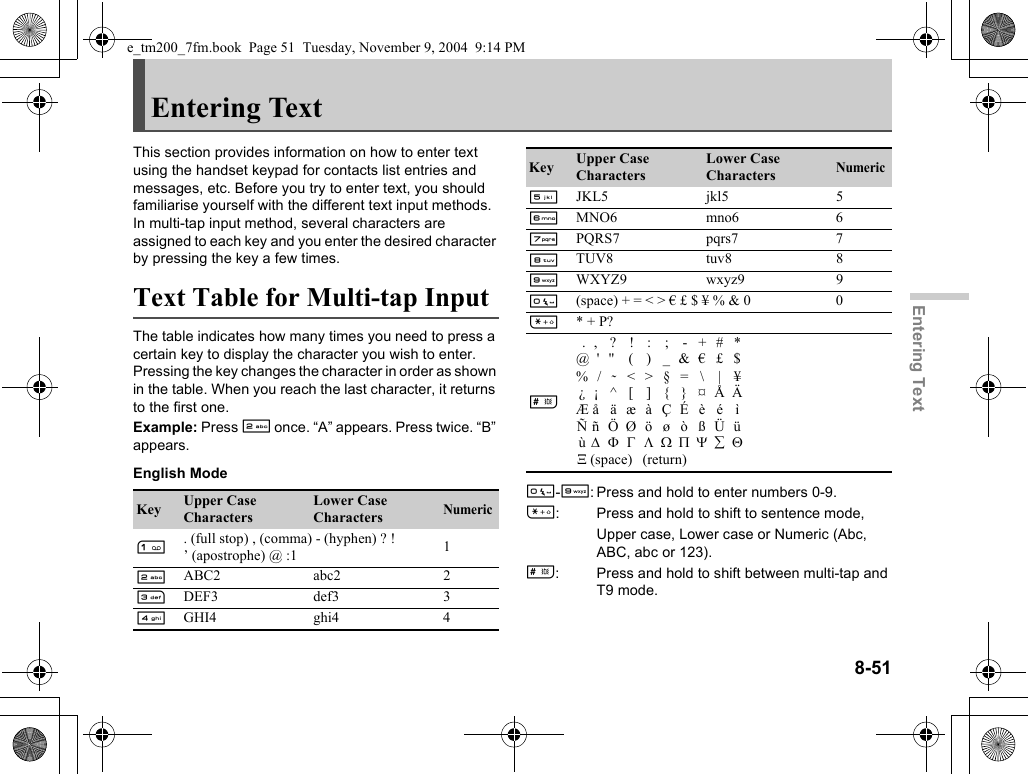 8-51Entering TextEntering TextThis section provides information on how to enter text using the handset keypad for contacts list entries and messages, etc. Before you try to enter text, you should familiarise yourself with the different text input methods. In multi-tap input method, several characters are assigned to each key and you enter the desired character by pressing the key a few times.Text Table for Multi-tap InputThe table indicates how many times you need to press a certain key to display the character you wish to enter. Pressing the key changes the character in order as shown in the table. When you reach the last character, it returns to the first one.Example: Press H once. “A” appears. Press twice. “B” appears.English ModeQ-O: Press and hold to enter numbers 0-9.P: Press and hold to shift to sentence mode,Upper case, Lower case or Numeric (Abc, ABC, abc or 123).R: Press and hold to shift between multi-tap and T9 mode.Key Upper Case CharactersLower Case CharactersNumericG. (full stop) , (comma) - (hyphen) ? !’ (apostrophe) @ :1 1HABC2 abc2 2IDEF3 def3 3JGHI4 ghi4 4KJKL5 jkl5 5LMNO6 mno6 6MPQRS7 pqrs7 7NTUV8 tuv8 8OWXYZ9 wxyz9 9Q(space) + = &lt; &gt; € £ $ ¥ % &amp; 0 0P* + P?R.,?!:;-+#*@&apos; &apos;&apos;  ( ) _ &amp; € £ $% /   &lt; &gt; § =  \  |  ¥¿¡ ^ [  ] { } ¤ Å ÄÆ å  ä  æ  à  Ç  É  è  é  ìÑ ñ Ö Ø ö ø ò ß Ü üù ∆ Φ Γ Λ Ω Π Ψ ∑ ΘΞ (space) (return)Key Upper Case CharactersLower Case CharactersNumeric˜e_tm200_7fm.book  Page 51  Tuesday, November 9, 2004  9:14 PM