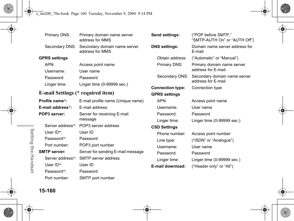 15-160Setting the HandsetE-mail Settings (* required item)Primary DNS: Primary domain name server address for MMSSecondary DNS: Secondary domain name server address for MMSGPRS settingsAPN: Access point nameUsername: User namePassword: PasswordLinger time: Linger time (0-99999 sec.)Profile name*:E-mail profile name (Unique name)E-mail address*:E-mail addressPOP3 server: Server for receiving E-mail messageServer address*: POP3 server addressUser ID*:User IDPassword*: PasswordPort number: POP3 port numberSMTP server: Server for sending E-mail messageServer address*: SMTP server addressUser ID*:User IDPassword*: PasswordPort number: SMTP port numberSend settings: (“POP before SMTP,” “SMTP-AUTH On” or “AUTH Off”)DNS settings: Domain name server address for E-mailObtain address: (“Automatic” or “Manual”)Primary DNS: Primary domain name server address for E-mail.Secondary DNS: Secondary domain name server address for E-mail.Connection type: Connection typeGPRS settingsAPN: Access point nameUsername: User namePassword: PasswordLinger time: Linger time (0-99999 sec.)CSD SettingsPhone number: Access point numberLine type: (“ISDN” or “Analogue”)Username: User namePassword: PasswordLinger time: Linger time (0-99999 sec.)E-mail download: (“Header only” or “All”)e_tm200_7fm.book  Page 160  Tuesday, November 9, 2004  9:14 PM