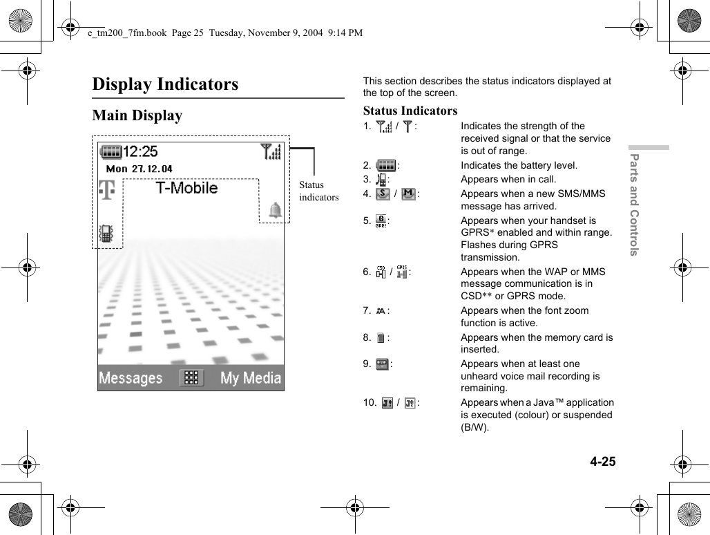 4-25Parts and ControlsDisplay IndicatorsMain DisplayThis section describes the status indicators displayed at the top of the screen.Status Indicators1.   /  :  Indicates the strength of the received signal or that the service is out of range.2. :  Indicates the battery level.3.  :  Appears when in call.4.   /  :  Appears when a new SMS/MMS message has arrived.5.  :  Appears when your handset is GPRS* enabled and within range. Flashes during GPRS transmission.6.   /  :  Appears when the WAP or MMS message communication is in CSD** or GPRS mode.7.  :  Appears when the font zoom function is active.8.  : Appears when the memory card is inserted.9.  : Appears when at least one unheard voice mail recording is remaining.10.   /  :  Appears when a Java™ application is executed (colour) or suspended (B/W).Statusindicatorse_tm200_7fm.book  Page 25  Tuesday, November 9, 2004  9:14 PM