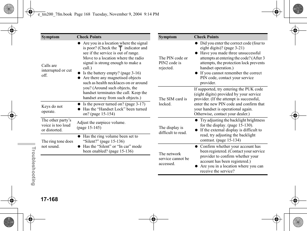 17-168TroubleshootingCalls are interrupted or cut off. Are you in a location where the signal is poor? (Check the   indicator and see if the service is out of range. Move to a location where the radio signal is strong enough to make a call.) Is the battery empty? (page 3-16) Are there any magnetised objects such as health necklaces on or around you? (Around such objects, the handset terminates the call. Keep the handset away from such objects.)Keys do not operate. Is the power turned on? (page 3-17) Has the “Handset Lock” been turned on? (page 15-154)The other party’s voice is too loud or distorted.Adjust the earpiece volume. (page 15-145)The ring tone does not sound. Has the ring volume been set to “Silent?” (page 15-136) Has the “Silent” or “In car” mode been enabled? (page 15-136)Symptom Check PointsThe PIN code or PIN2 code is rejected. Did you enter the correct code (four to eight digits)? (page 3-21) Have you made three unsuccessful attempts at entering the code? (After 3 attempts, the protection lock prevents handset operation.) If you cannot remember the correct PIN code, contact your service provider.The SIM card is locked.If supported, try entering the PUK code (eight digits) provided by your service provider. (If the attempt is successful, enter the new PIN code and confirm that your handset is operational again. Otherwise, contact your dealer.)The display is difficult to read. Try adjusting the backlight brightness for the display. (page 15-130). If the external display is difficult to read, try adjusting the backlight contrast. (page 15-134)The network service cannot be accessed. Confirm whether your account has been registered. (Contact your service provider to confirm whether your account has been registered.) Are you in a location where you can receive the service?Symptom Check Pointse_tm200_7fm.book  Page 168  Tuesday, November 9, 2004  9:14 PM