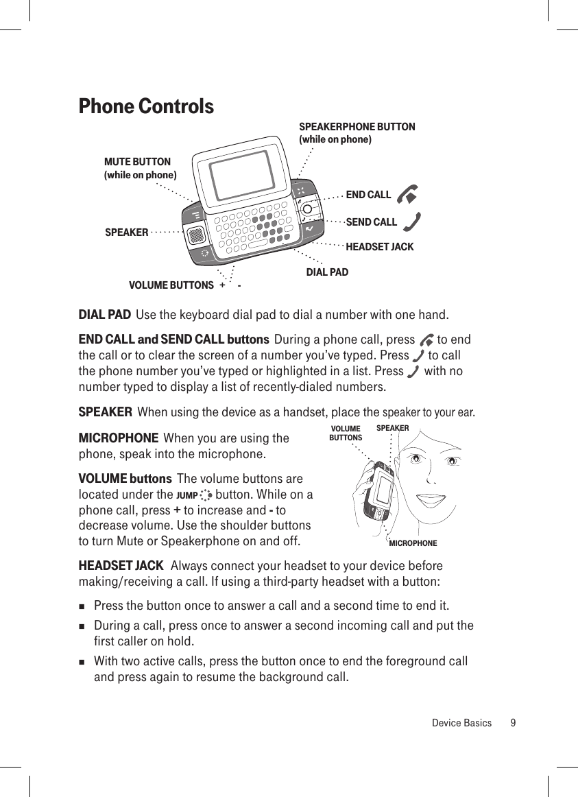 Phone Controls        SPEAKERPHONE BUTTON (while on phone)SPEAKERVOLUME BUTTONS   +       -    DIAL PADSEND CALL     END CALL     MUTE BUTTON  (while on phone)HEADSET JACKDIAL PAD  Use the keyboard dial pad to dial a number with one hand.END CALL and SEND CALL buttons  During a phone call, press   to end the call or to clear the screen of a number you’ve typed. Press   to call the phone number you’ve typed or highlighted in a list. Press   with no number typed to display a list of recently-dialed numbers.SPEAKER  When using the device as a handset, place the speaker to your ear. MICROPHONE  When you are using the  phone, speak into the microphone.VOLUME buttons  The volume buttons are  located under the JUMP   button. While on a  phone call, press + to increase and - to  decrease volume. Use the shoulder buttons  to turn Mute or Speakerphone on and off.HEADSET JACK   Always connect your headset to your device before making/receiving a call. If using a third-party headset with a button:  Press the button once to answer a call and a second time to end it.   During a call, press once to answer a second incoming call and put the first caller on hold.   With two active calls, press the button once to end the foreground call and press again to resume the background call.SPEAKERMICROPHONEVOLUME   BUTTONS  Device Basics  9