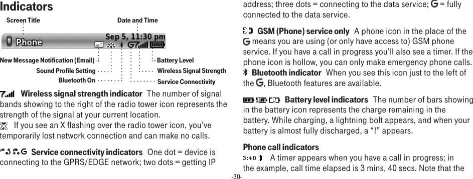 -30-Indicators Bluetooth OnScreen TitleBattery LevelWireless Signal StrengthDate and TimeService ConnectivityNew Message Notification (Email)Sound Profile Setting   Wireless signal strength indicator   The number of signal bands showing to the right of the radio tower icon represents the strength of the signal at your current location.     If you see an X flashing over the radio tower icon, you’ve temporarily lost network connection and can make no calls.   Service connectivity indicators   One dot = device is connecting to the GPRS/EDGE network; two dots = getting IP address; three dots = connecting to the data service;   = fully connected to the data service.   GSM (Phone) service only   A phone icon in the place of the  means you are using (or only have access to) GSM phone service. If you have a call in progress you’ll also see a timer. If the phone icon is hollow, you can only make emergency phone calls.   Bluetooth indicator   When you see this icon just to the left of the  , Bluetooth features are available.   Battery level indicators   The number of bars showing in the battery icon represents the charge remaining in the battery. While charging, a lightning bolt appears, and when your battery is almost fully discharged, a “!” appears. Phone call indicators     A timer appears when you have a call in progress; in the example, call time elapsed is 3 mins, 40 secs. Note that the 