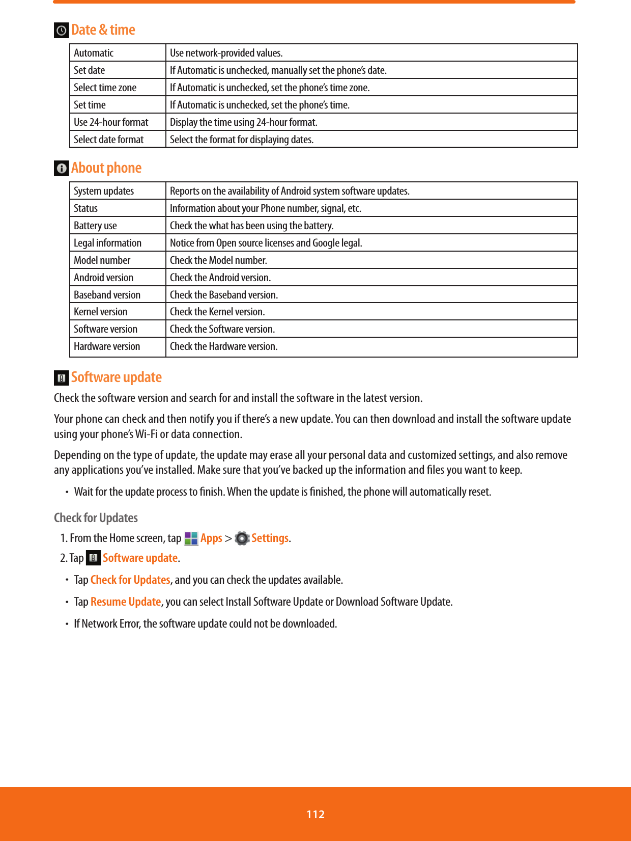  Date &amp; time  Automatic Use network-provided values.Set date If Automatic is unchecked, manually set the phone’s date.Select time zone If Automatic is unchecked, set the phone’s time zone.Set time If Automatic is unchecked, set the phone’s time.Use 24-hour format Display the time using 24-hour format.Select date format Select the format for displaying dates. About phone  System updates Reports on the availability of Android system software updates.Status Information about your Phone number, signal, etc.Battery use Check the what has been using the battery.Legal information Notice from Open source licenses and Google legal.Model number Check the Model number.Android version Check the Android version.Baseband version Check the Baseband version.Kernel version Check the Kernel version.Software version Check the Software version.Hardware version Check the Hardware version. Software updateCheck the software version and search for and install the software in the latest version.Your phone can check and then notify you if there’s a new update. You can then download and install the software update using your phone’s Wi-Fi or data connection.Depending on the type of update, the update may erase all your personal data and customized settings, and also remove any applications you’ve installed. Make sure that you’ve backed up the information and les you want to keep.ħWait for the update process to nish. When the update is nished, the phone will automatically reset.Check for Updates1. From the Home screen, tap   Apps &gt;   Settings.2. Tap   Software update.ħTap Check for Updates, and you can check the updates available.ħTap Resume Update, you can select Install Software Update or Download Software Update.ħIf Network Error, the software update could not be downloaded.112 
