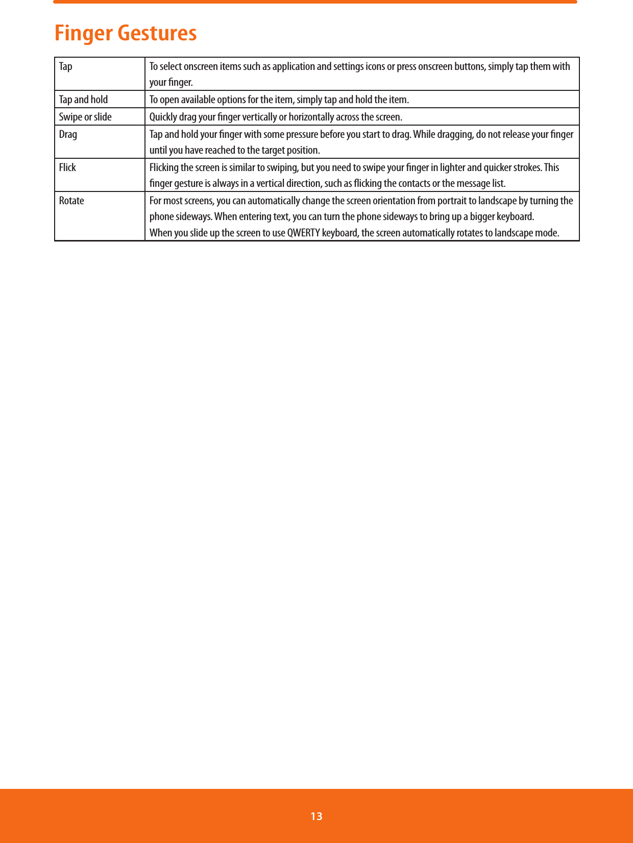 Finger GesturesTap To select onscreen items such as application and settings icons or press onscreen buttons, simply tap them with your nger.Tap and hold To open available options for the item, simply tap and hold the item.Swipe or slide Quickly drag your nger vertically or horizontally across the screen.Drag Tap and hold your nger with some pressure before you start to drag. While dragging, do not release your nger until you have reached to the target position.Flick Flicking the screen is similar to swiping, but you need to swipe your nger in lighter and quicker strokes. This nger gesture is always in a vertical direction, such as icking the contacts or the message list.Rotate For most screens, you can automatically change the screen orientation from portrait to landscape by turning the phone sideways. When entering text, you can turn the phone sideways to bring up a bigger keyboard.When you slide up the screen to use QWERTY keyboard, the screen automatically rotates to landscape mode.13 