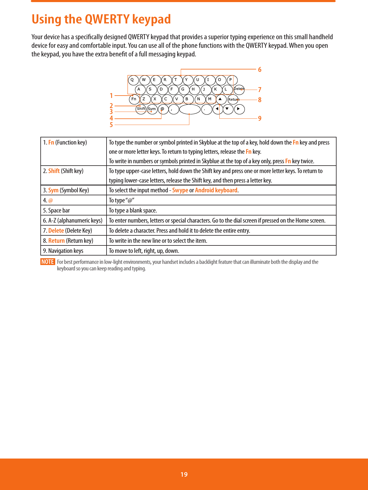 Using the QWERTY keypad Your device has a specically designed QWERTY keypad that provides a superior typing experience on this small handheld device for easy and comfortable input. You can use all of the phone functions with the QWERTY keypad. When you open the keypad, you have the extra benet of a full messaging keypad.1. Fn (Function key) To type the number or symbol printed in Skyblue at the top of a key, hold down the Fn key and press one or more letter keys. To return to typing letters, release the Fn key. To write in numbers or symbols printed in Skyblue at the top of a key only, press Fn key twice. 2. Shift (Shift key) To type upper-case letters, hold down the Shift key and press one or more letter keys. To return to typing lower-case letters, release the Shift key, and then press a letter key.3. Sym (Symbol Key) To select the input method - Swype or Android keyboard.4. @To type “@”5. Space bar To type a blank space.6. A-Z (alphanumeric keys) To enter numbers, letters or special characters. Go to the dial screen if pressed on the Home screen.7. Delete (Delete Key) To delete a character. Press and hold it to delete the entire entry.8. Return (Return key) To write in the new line or to select the item.9. Navigation keys To move to left, right, up, down.NOTE    For best performance in low-light environments, your handset includes a backlight feature that can illuminate both the display and the keyboard so you can keep reading and typing.Q W E R T Y UI O PA S D F G H JK LFn Z X C V B NMؿ@ , .ረ ف ሪDeleteReturnShiftSym89761234519 