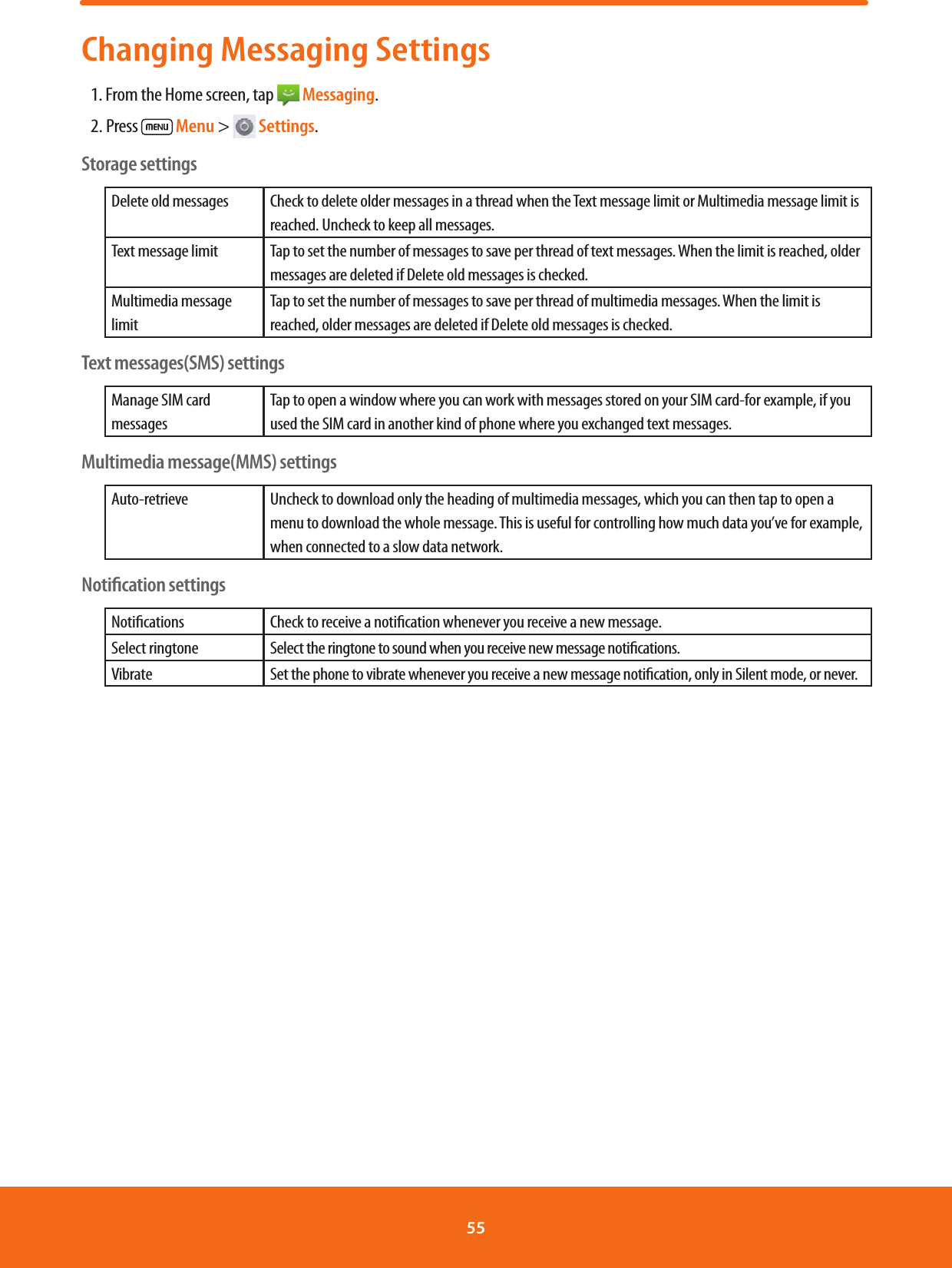 Changing Messaging Settings1. From the Home screen, tap   Messaging.2. Press   Menu &gt;   Settings.Storage settingsDelete old messages Check to delete older messages in a thread when the Text message limit or Multimedia message limit is reached. Uncheck to keep all messages.Text message limit Tap to set the number of messages to save per thread of text messages. When the limit is reached, older messages are deleted if Delete old messages is checked.Multimedia message limitTap to set the number of messages to save per thread of multimedia messages. When the limit is reached, older messages are deleted if Delete old messages is checked.Text messages(SMS) settingsManage SIM card messagesTap to open a window where you can work with messages stored on your SIM card-for example, if you used the SIM card in another kind of phone where you exchanged text messages.Multimedia message(MMS) settingsAuto-retrieve Uncheck to download only the heading of multimedia messages, which you can then tap to open a menu to download the whole message. This is useful for controlling how much data you’ve for example, when connected to a slow data network.Notiﬁcation settingsNotications Check to receive a notication whenever you receive a new message.Select ringtone Select the ringtone to sound when you receive new message notications.Vibrate Set the phone to vibrate whenever you receive a new message notication, only in Silent mode, or never.55 