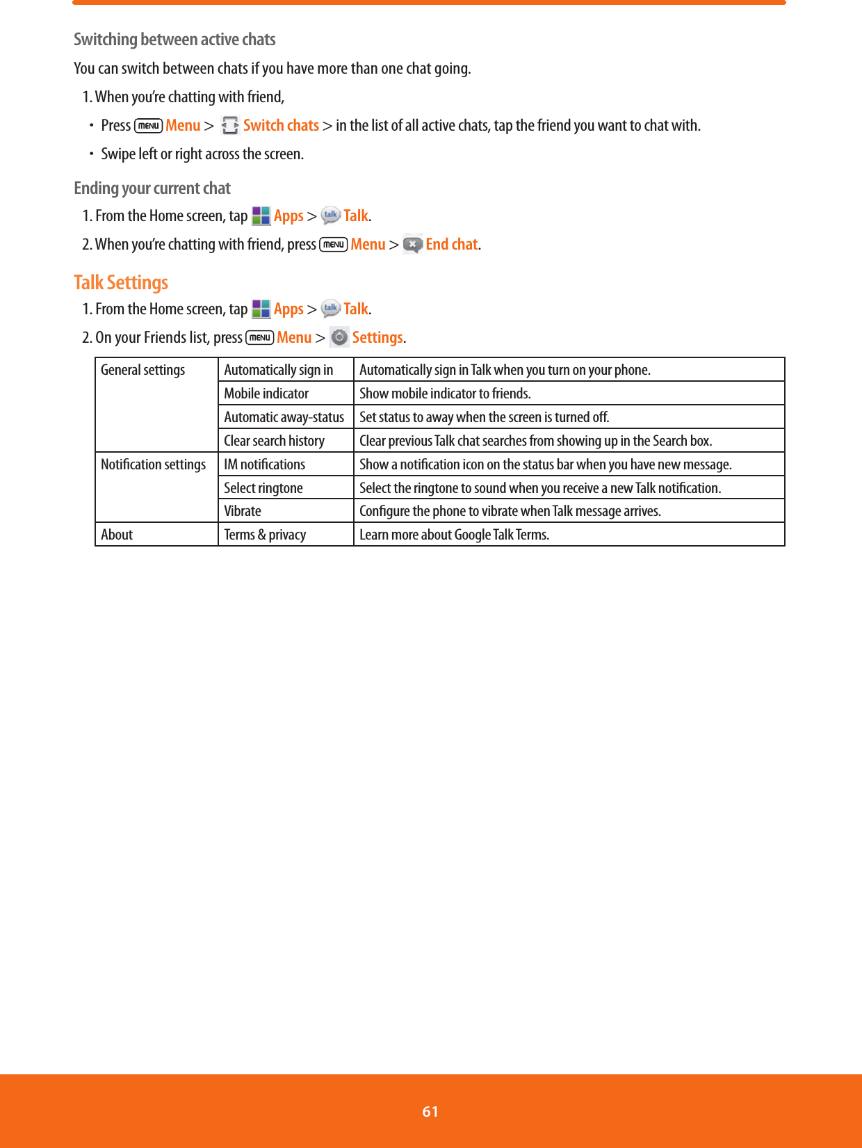 Switching between active chatsYou can switch between chats if you have more than one chat going. 1. When you’re chatting with friend, ħPress   Menu &gt;    Switch chats &gt; in the list of all active chats, tap the friend you want to chat with.  ħSwipe left or right across the screen.Ending your current chat1. From the Home screen, tap   Apps &gt;   Talk.2. When you’re chatting with friend, press   Menu &gt;  End chat.Talk Settings1. From the Home screen, tap   Apps &gt;   Talk.2. On your Friends list, press  Menu &gt;   Settings.General settings Automatically sign in Automatically sign in Talk when you turn on your phone.Mobile indicator Show mobile indicator to friends.Automatic away-status Set status to away when the screen is turned o.Clear search history Clear previous Talk chat searches from showing up in the Search box.Notication settings IM notications Show a notication icon on the status bar when you have new message.Select ringtone Select the ringtone to sound when you receive a new Talk notication.Vibrate Congure the phone to vibrate when Talk message arrives.About Terms &amp; privacy Learn more about Google Talk Terms.61 