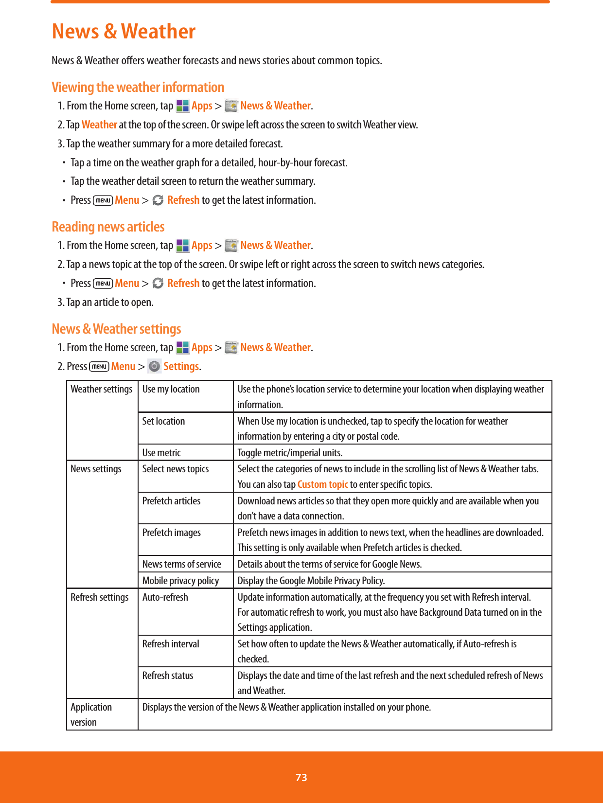 News &amp; WeatherNews &amp; Weather oers weather forecasts and news stories about common topics.Viewing the weather information1. From the Home screen, tap   Apps &gt;   News &amp; Weather.2. Tap Weather at the top of the screen. Or swipe left across the screen to switch Weather view.3. Tap the weather summary for a more detailed forecast.ħTap a time on the weather graph for a detailed, hour-by-hour forecast.ħTap the weather detail screen to return the weather summary.ħPress   Menu &gt;   Refresh to get the latest information.Reading news articles1. From the Home screen, tap   Apps &gt;   News &amp; Weather.2.  Tap a news topic at the top of the screen. Or swipe left or right across the screen to switch news categories.ħPress   Menu &gt;   Refresh to get the latest information.3. Tap an article to open. News &amp; Weather settings1. From the Home screen, tap   Apps &gt;   News &amp; Weather.2. Press   Menu &gt;   Settings. Weather settings Use my location Use the phone’s location service to determine your location when displaying weather information. Set location When Use my location is unchecked, tap to specify the location for weather information by entering a city or postal code.Use metric Toggle metric/imperial units.News settings Select news topics Select the categories of news to include in the scrolling list of News &amp; Weather tabs. You can also tap Custom topic to enter specic topics.Prefetch articles Download news articles so that they open more quickly and are available when you don’t have a data connection. Prefetch images Prefetch news images in addition to news text, when the headlines are downloaded. This setting is only available when Prefetch articles is checked.News terms of service Details about the terms of service for Google News.Mobile privacy policy Display the Google Mobile Privacy Policy.Refresh settings Auto-refresh Update information automatically, at the frequency you set with Refresh interval. For automatic refresh to work, you must also have Background Data turned on in the Settings application. Refresh interval Set how often to update the News &amp; Weather automatically, if Auto-refresh is checked. Refresh status Displays the date and time of the last refresh and the next scheduled refresh of News and Weather.Application versionDisplays the version of the News &amp; Weather application installed on your phone.73 