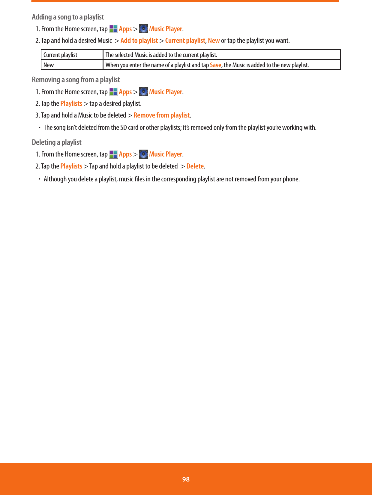 Adding a song to a playlist1. From the Home screen, tap   Apps &gt;  Music Player.2. Tap and hold a desired Music&gt; Add to playlist &gt; Current playlist, New or tap the playlist you want.Current playlist The selected Music is added to the current playlist. New When you enter the name of a playlist and tap Save, the Music is added to the new playlist.Removing a song from a playlist1. From the Home screen, tap   Apps &gt;  Music Player.2. Tap the Playlists &gt; tap a desired playlist.3. Tap and hold a Music to be deleted &gt; Remove from playlist.ħThe song isn’t deleted from the SD card or other playlists; it’s removed only from the playlist you’re working with.Deleting a playlist1. From the Home screen, tap   Apps &gt;  Music Player.2. Tap the Playlists &gt; Tap and hold a playlist to be deleted&gt; Delete.ħAlthough you delete a playlist, music les in the corresponding playlist are not removed from your phone.98 
