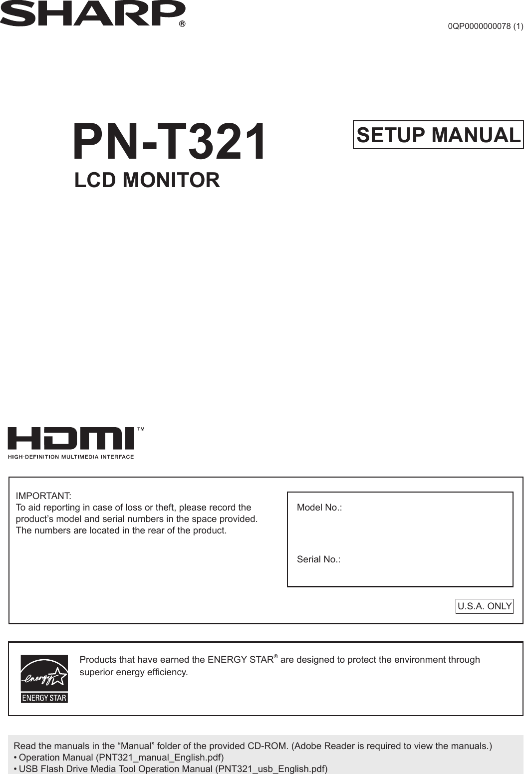 Sharp Pn T321 Quick Start Guide Setup Manual