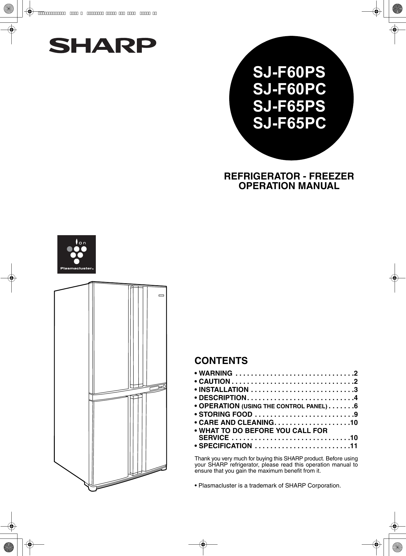 Page 1 of 12 - Sharp SJ-F60PC SJ-F60PS/SJ-F60PC/SJ-F65PS/SJ-F65PC User Manual  To The F4d99689-721c-426f-99a9-2586faa7a37a