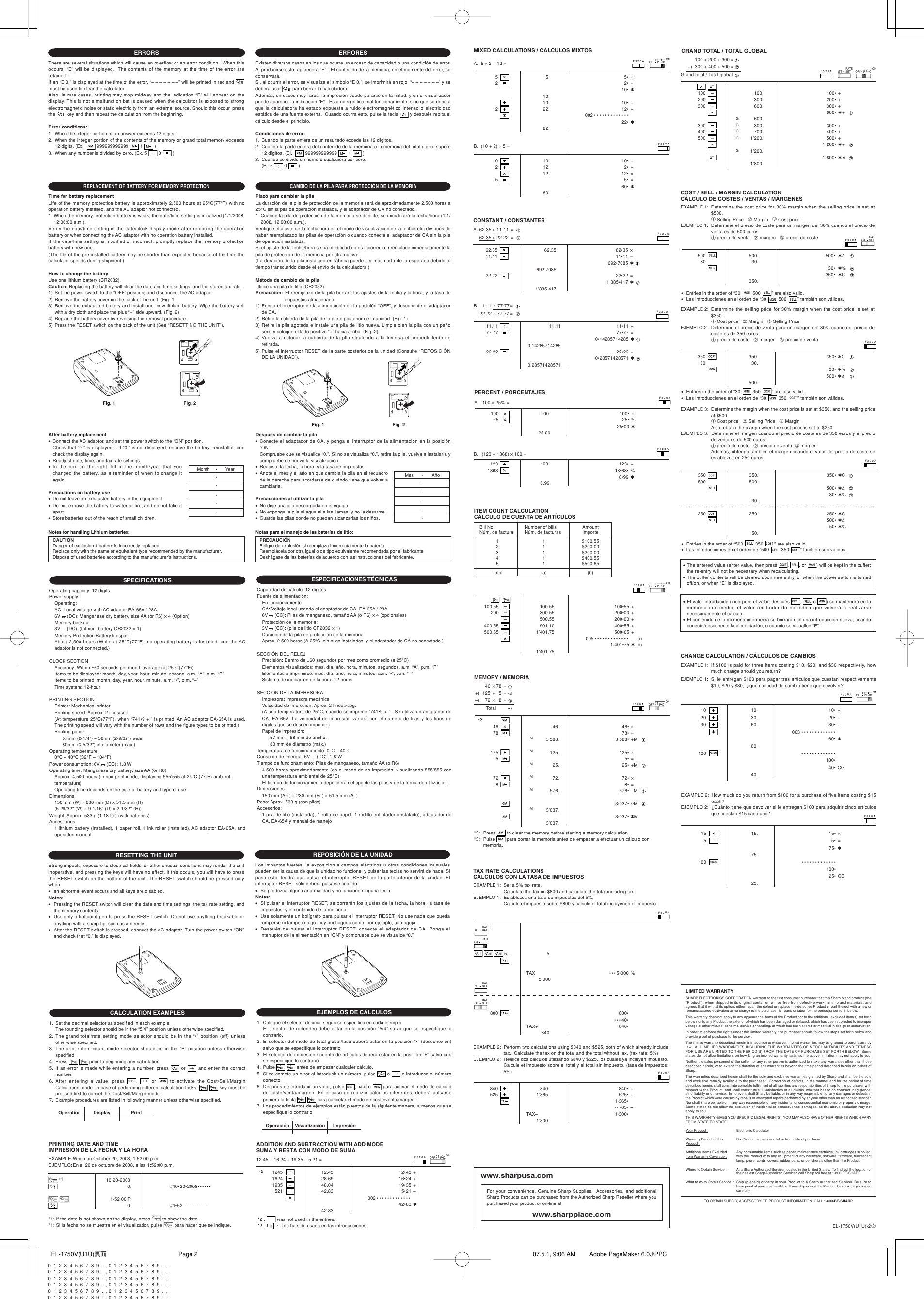 Page 2 of 2 - Sharp Sharp-El1750V-Users-Manual- EL-1750V Operation Manual  Sharp-el1750v-users-manual