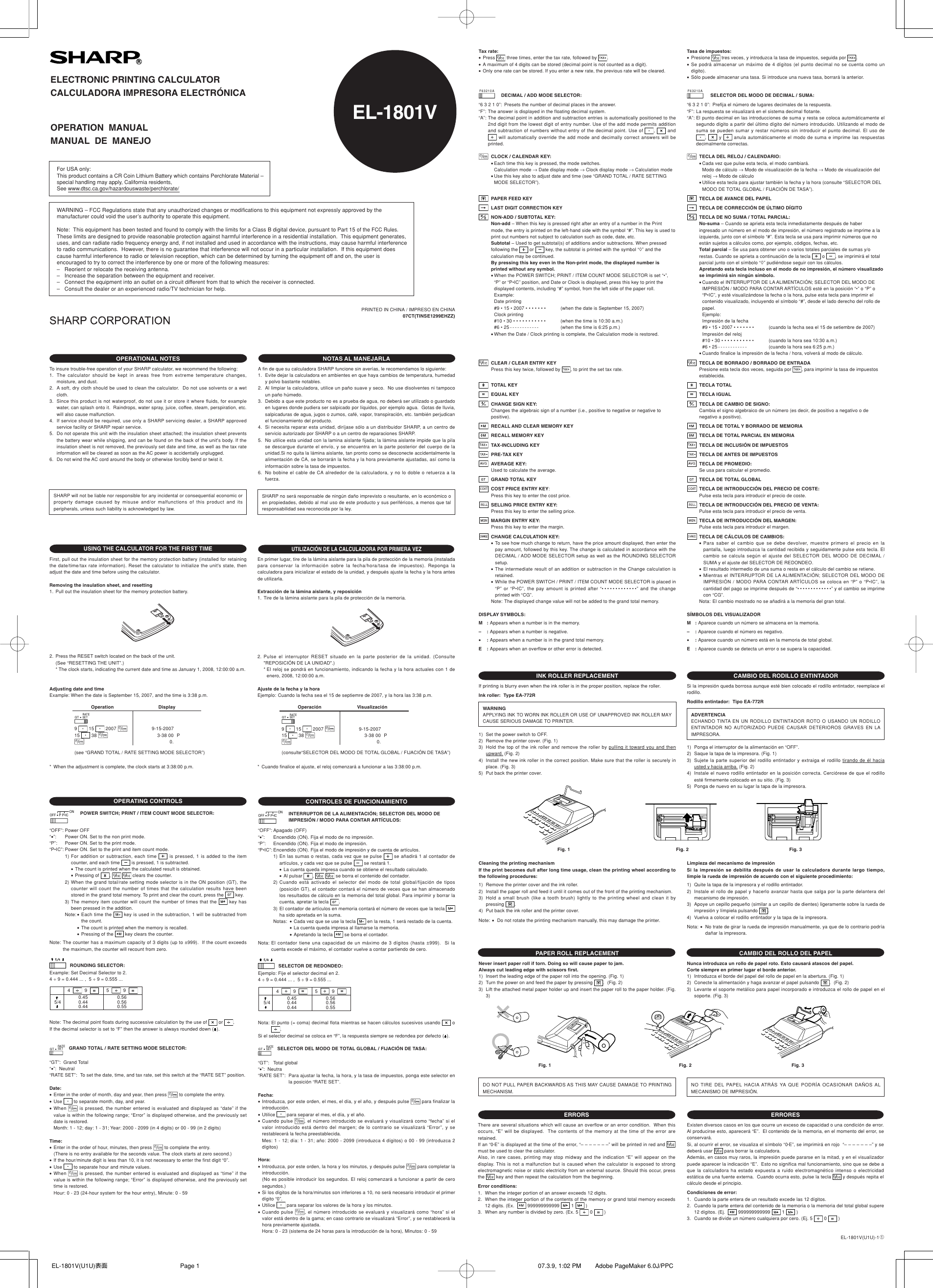 Page 1 of 2 - Sharp Sharp-El-1801V-Owners-Manual- EL-1801V Operation Manual  Sharp-el-1801v-owners-manual