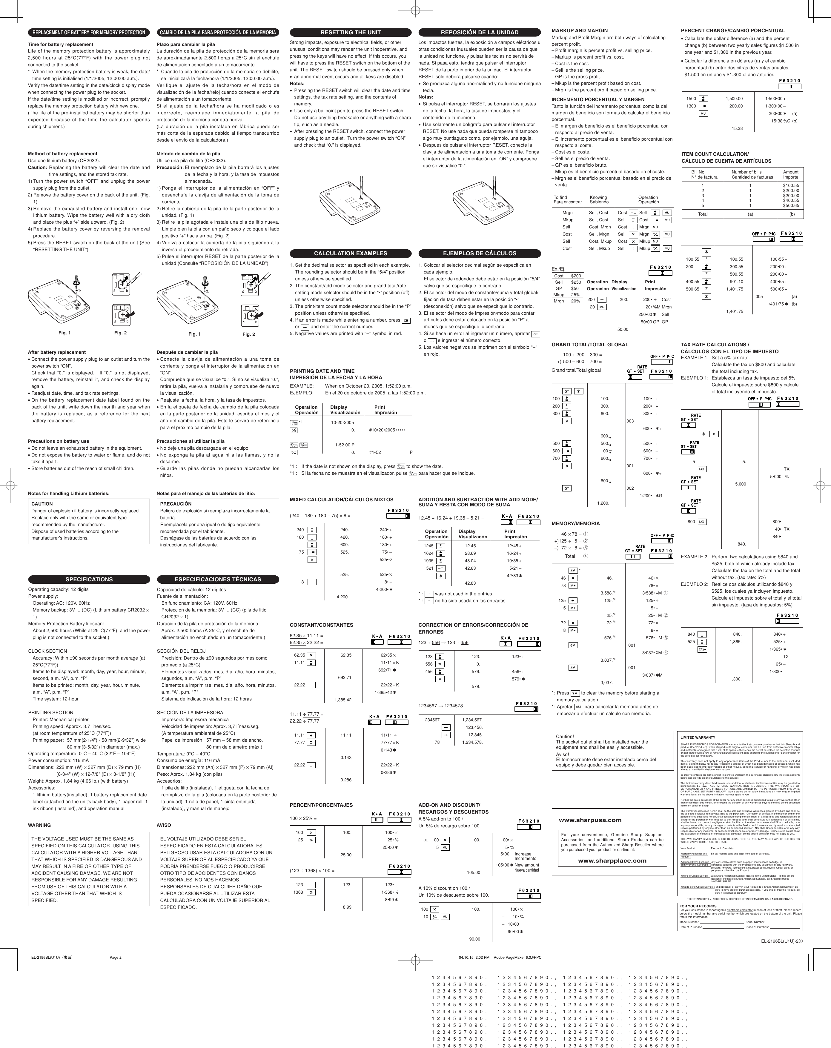 Page 2 of 2 - Sharp Sharp-El-2196Bl-Owners-Manual- EL-2196BL Operation Manual  Sharp-el-2196bl-owners-manual