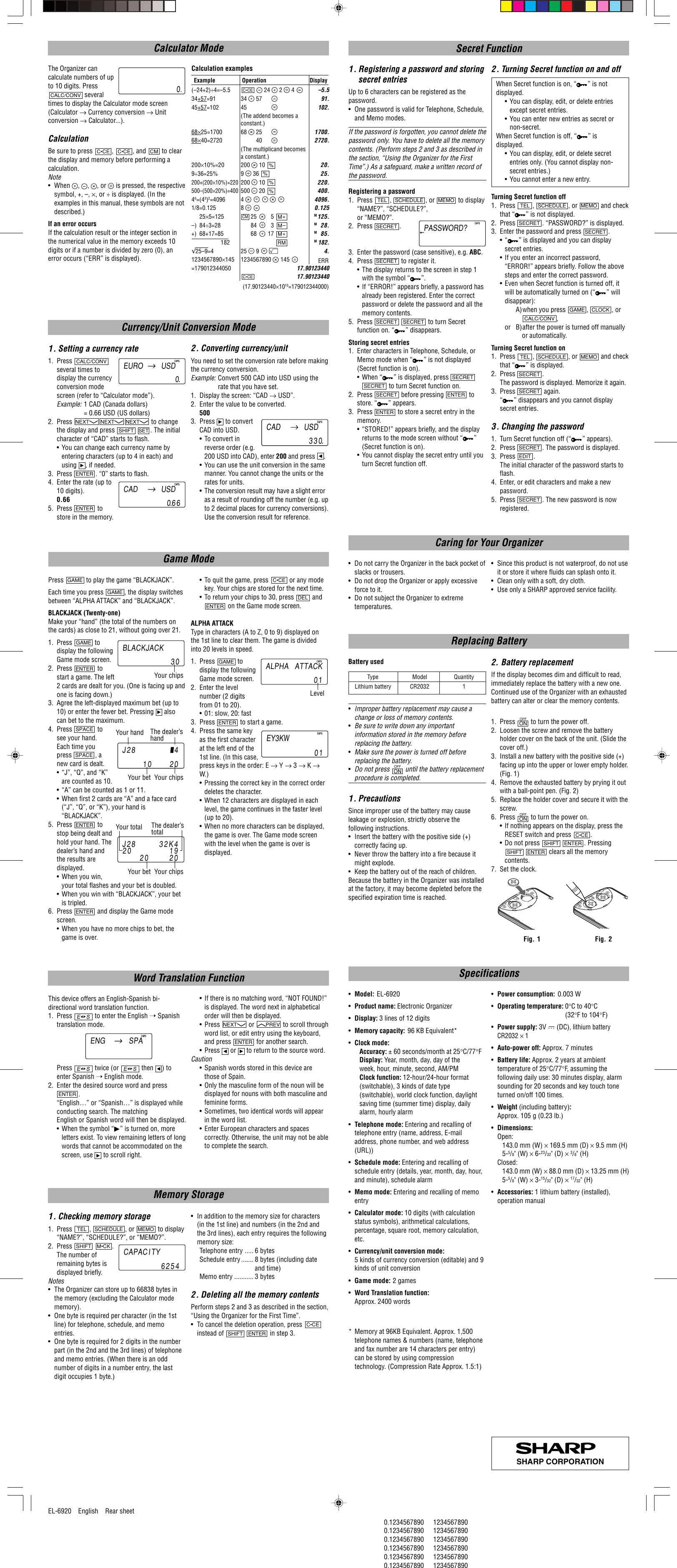 Page 2 of 2 - Sharp Sharp-El-6920-Owners-Manual- EL-6920 Operation Manual  Sharp-el-6920-owners-manual