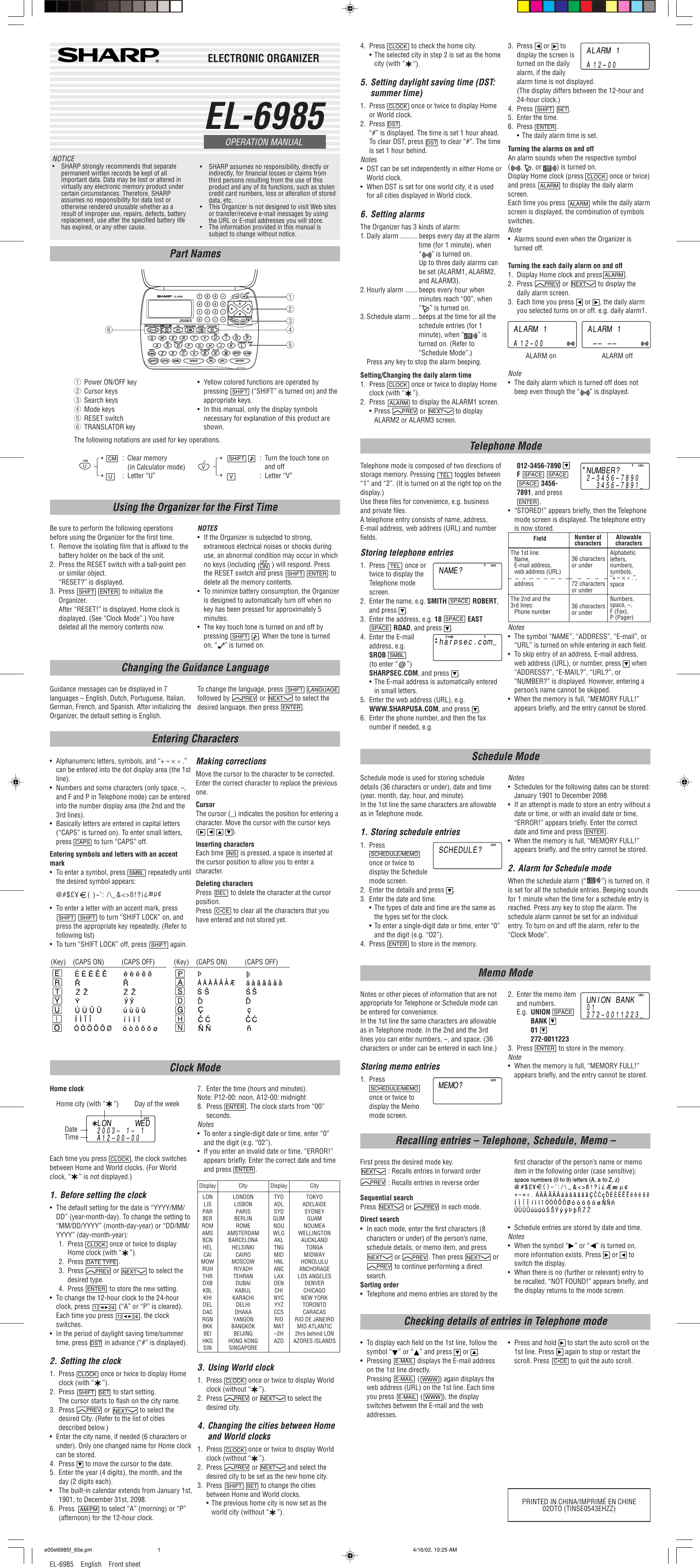 Sharp El 6985 Users Manual Operation