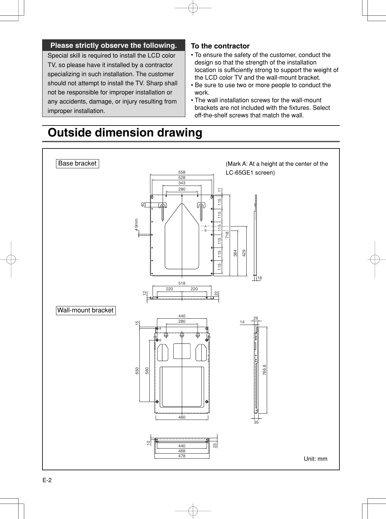 Page 3 of 11 - Sharp Sharp-Lc-65Ge1-Users-Manual- AN-65AG1 Wall-Mount Bracket Installation Guide  Sharp-lc-65ge1-users-manual