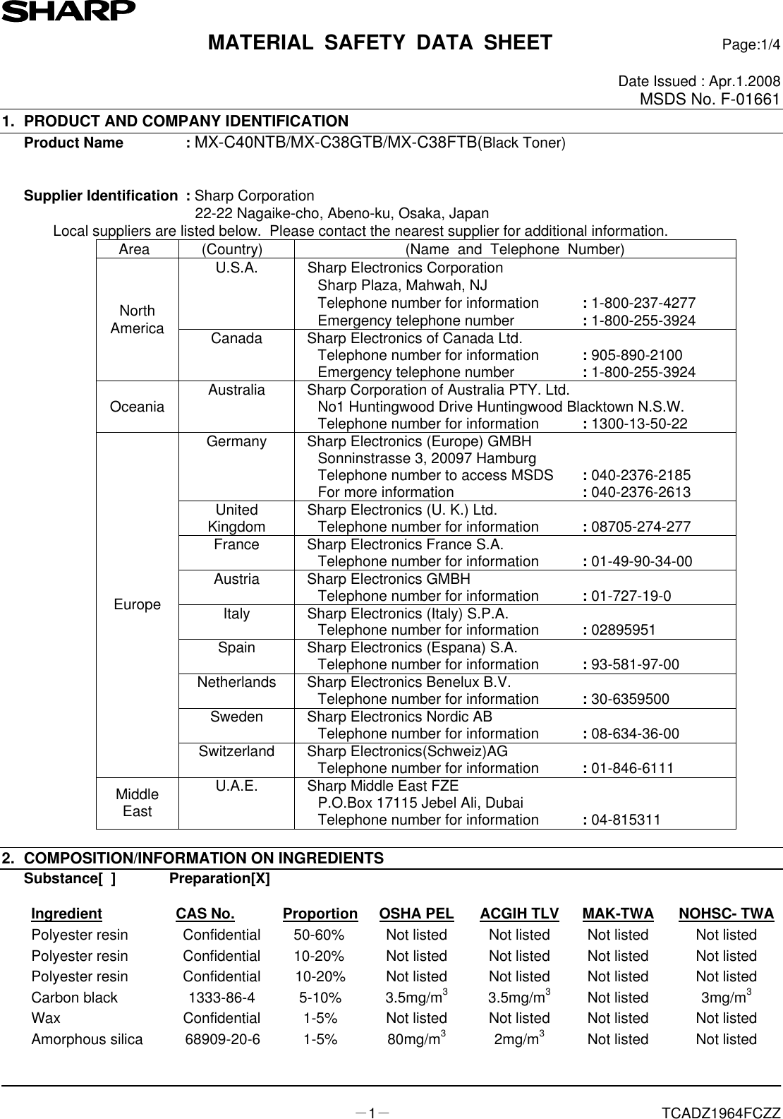 Page 1 of 4 - Sharp Sharp-Mx-C311-Msds BKﾄﾅｰ（MX-C40NTB,C38GTB,C38FTB）