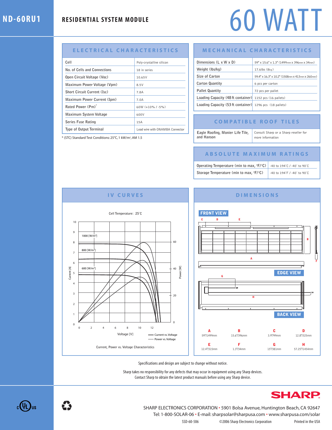 Page 2 of 2 - Sharp Sharp-Nd-60Ru1-Users-Manual- ND-60RU1 Specification Sheet  Sharp-nd-60ru1-users-manual