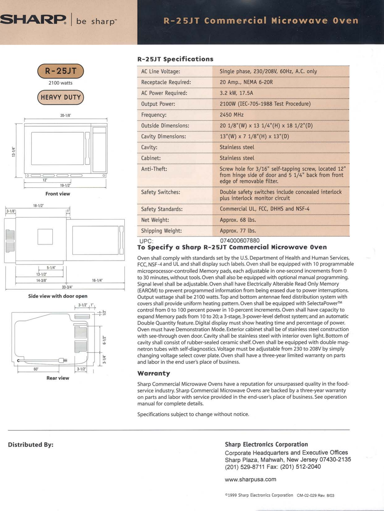 Page 2 of 2 - Sharp Sharp-R-25Jtf-Specification-Sheet- R-25JT Specification Sheet  Sharp-r-25jtf-specification-sheet